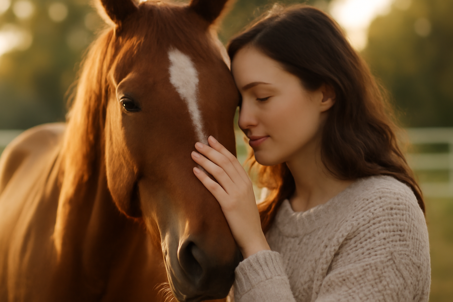 Person with a calm horse in a sunlit paddock; Equine Therapy for Mental Health Benefits and Techniques.