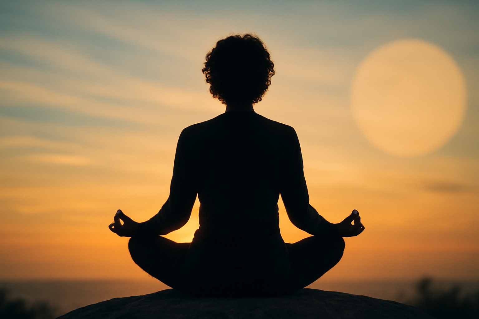 Person meditating beside a calm lake at sunrise for Mindfulness for Present Moment Calm and Clarity.