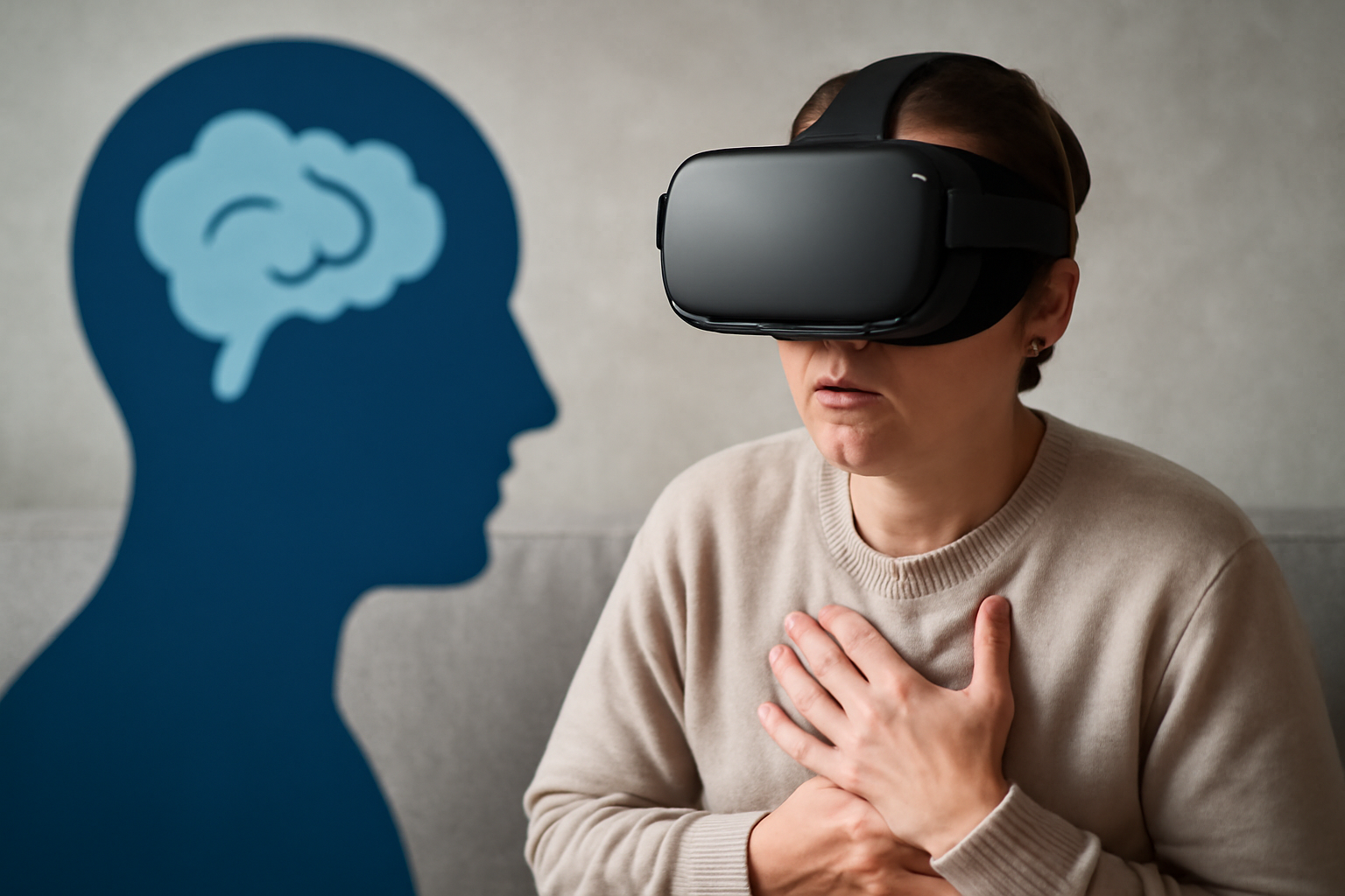 Person wearing a VR headset undergoing exposure therapy for anxiety in a calm clinic; blog overview.