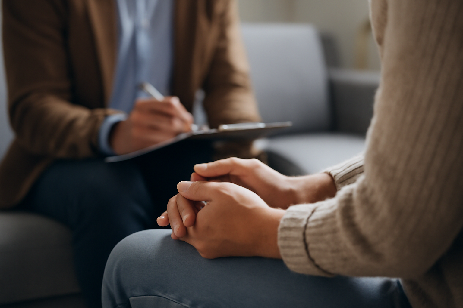 Therapist and client in a room with tissues; Grief Counseling Guide to Finding a Qualified Therapist