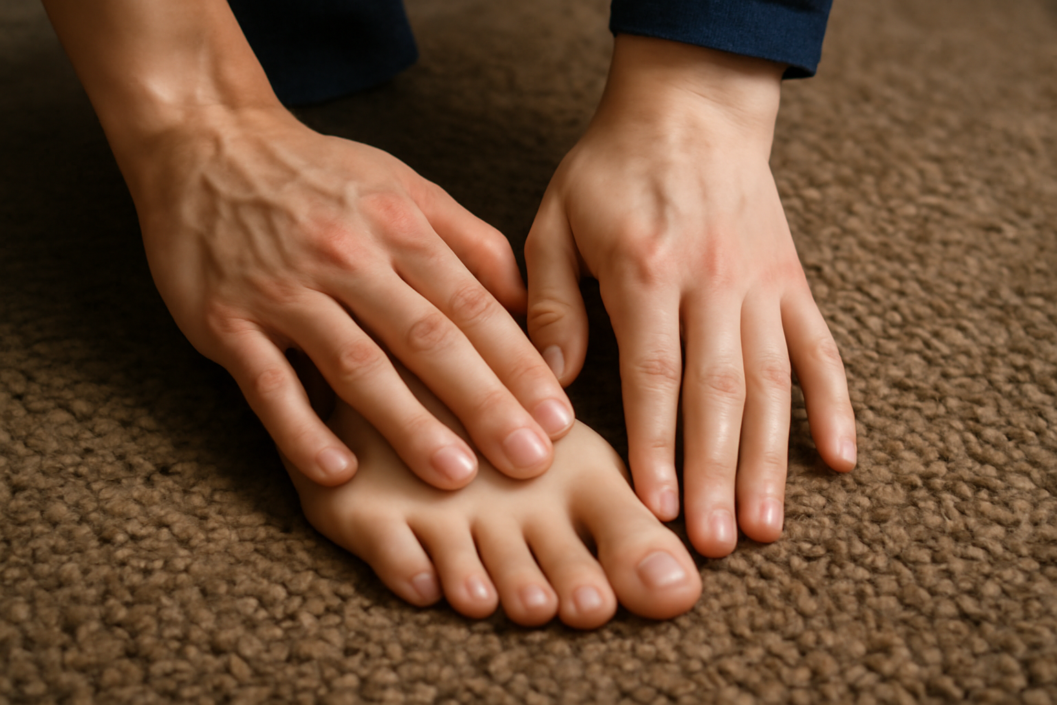 Person sits calmly, practicing grounding techniques like breath and touch to ease anxiety and stress.