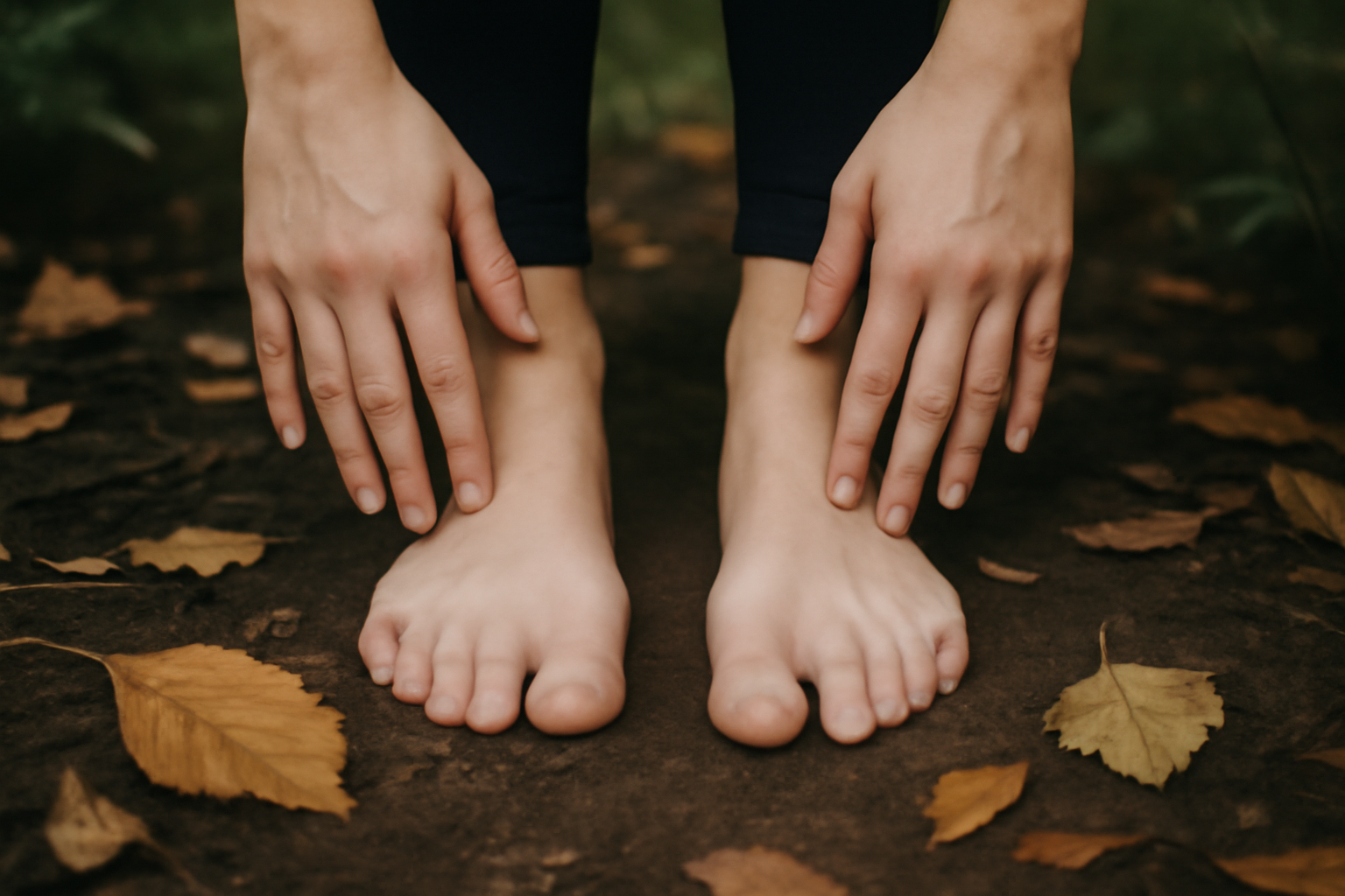 Calm person outdoors, touching earth, practicing grounding techniques for anxiety and stress relief.