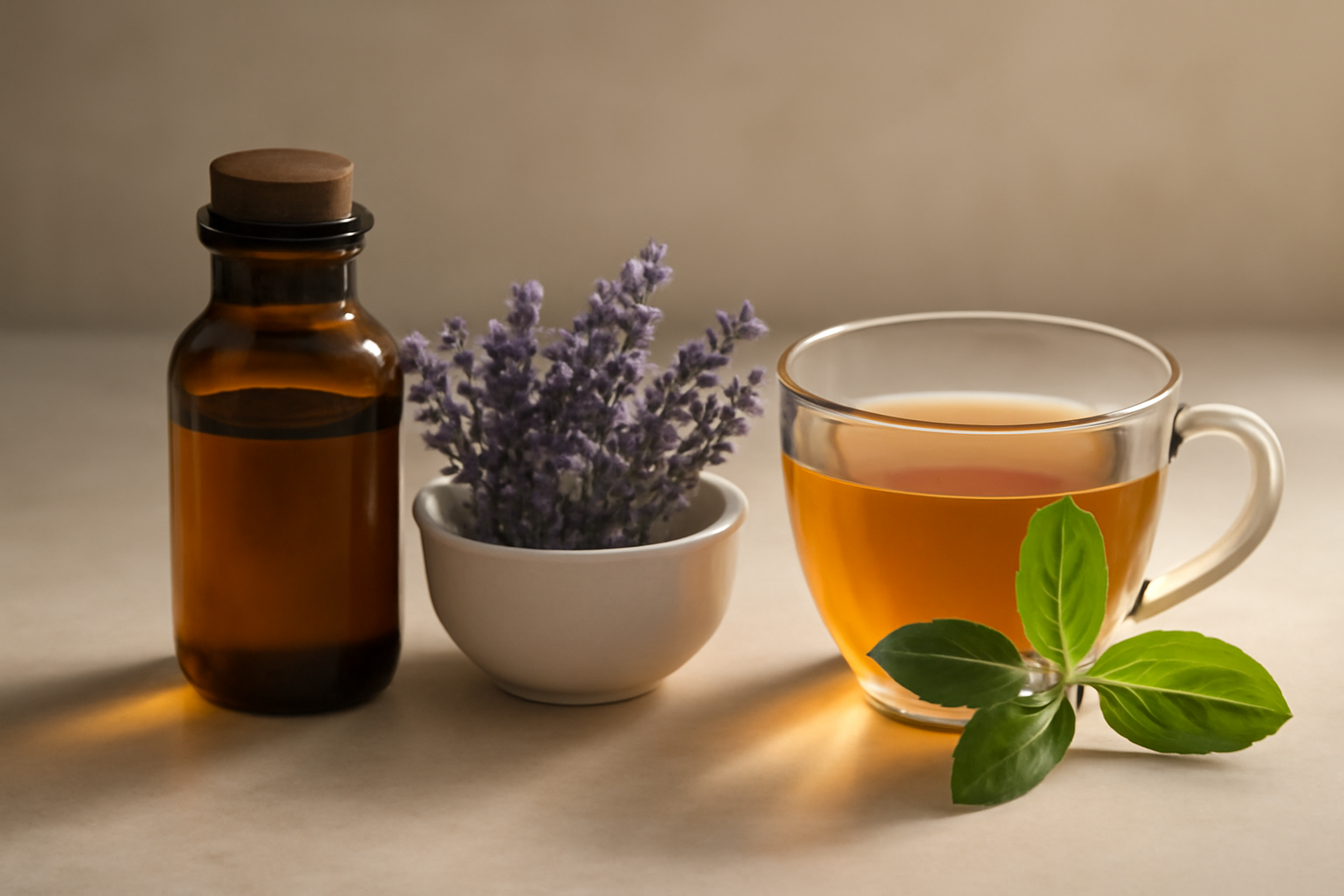 Person meditating near herbs and a tea cup; blog on evidence-based natural remedies for stress and anxiety.