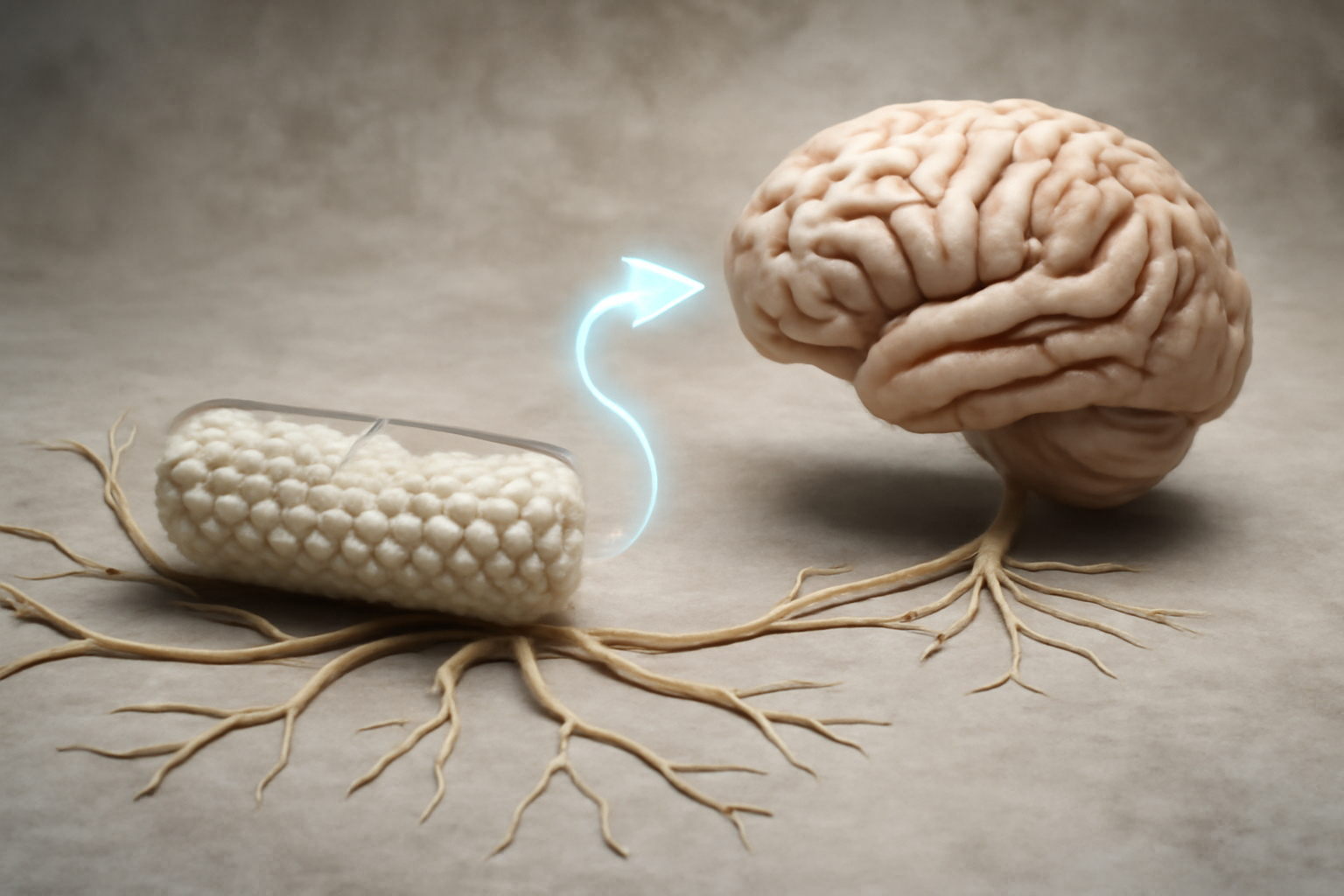 Brain connected to a gut with probiotic capsules, symbolizing the gut-brain axis and mood.