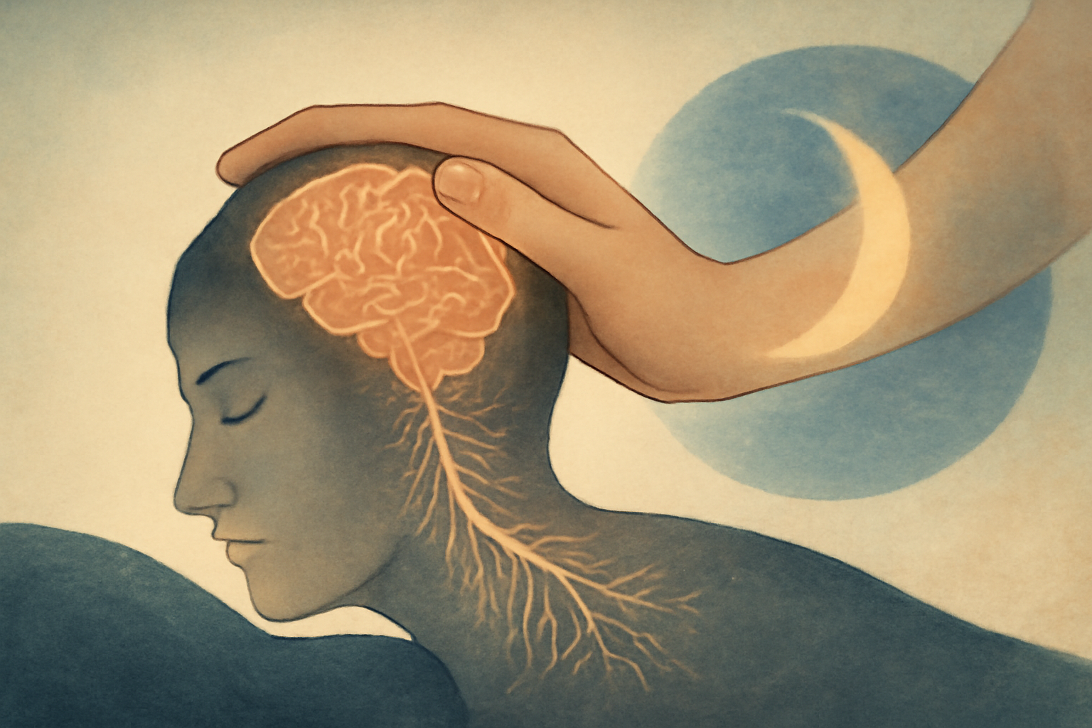 Calm person resting with closed eyes; glow of brain-neuron network and a clock for sleep regulation.