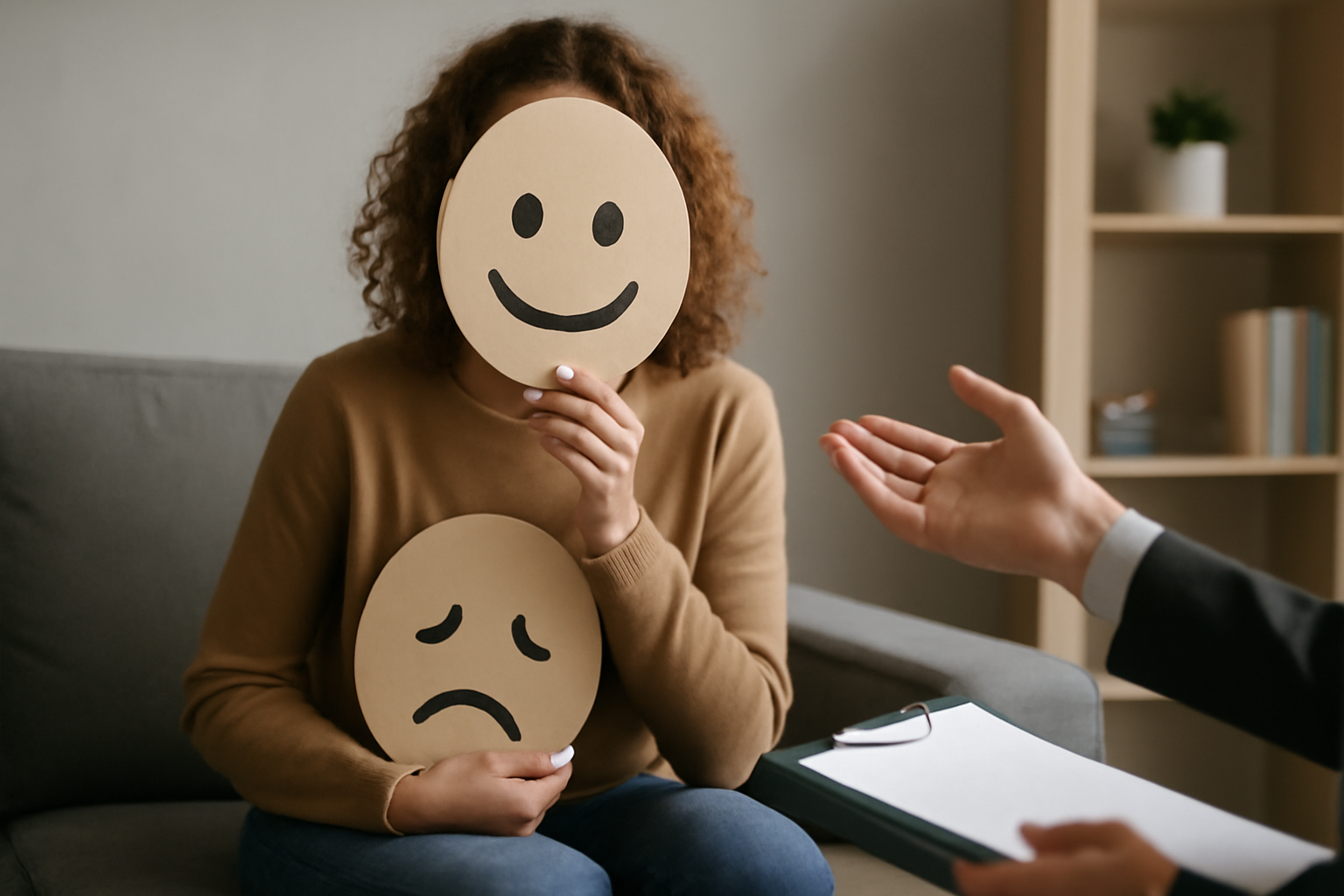 Two people in a warm therapy room smile as one uses humor to ease shame and build compassionate trust.