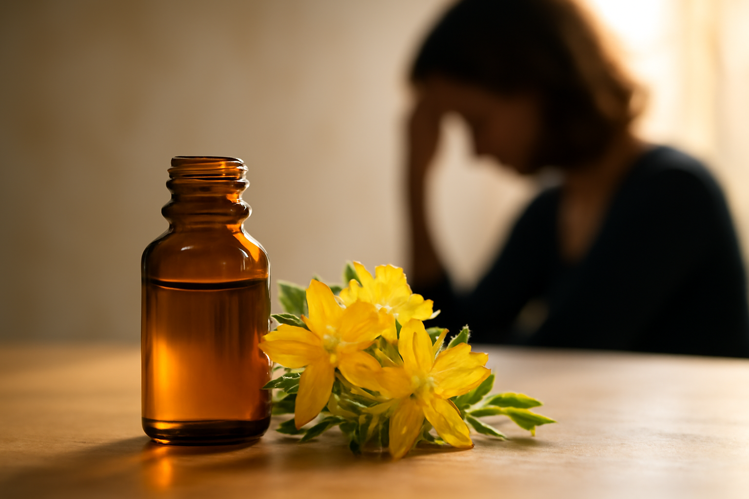 Herbal remedies for depression mood support: assorted herbs, dried leaves, and a supplement bottle.