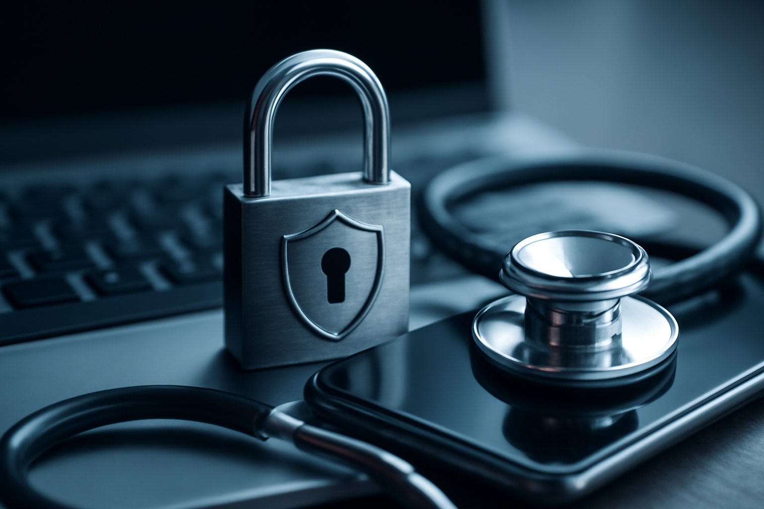 Doctor on video call with patient on a secure telehealth dashboard, shield lock icon, HIPAA guide.