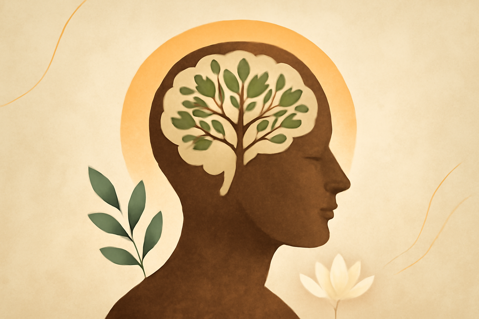 Calm person meditating while brain and nature icons symbolize integrative psychiatry holistic health