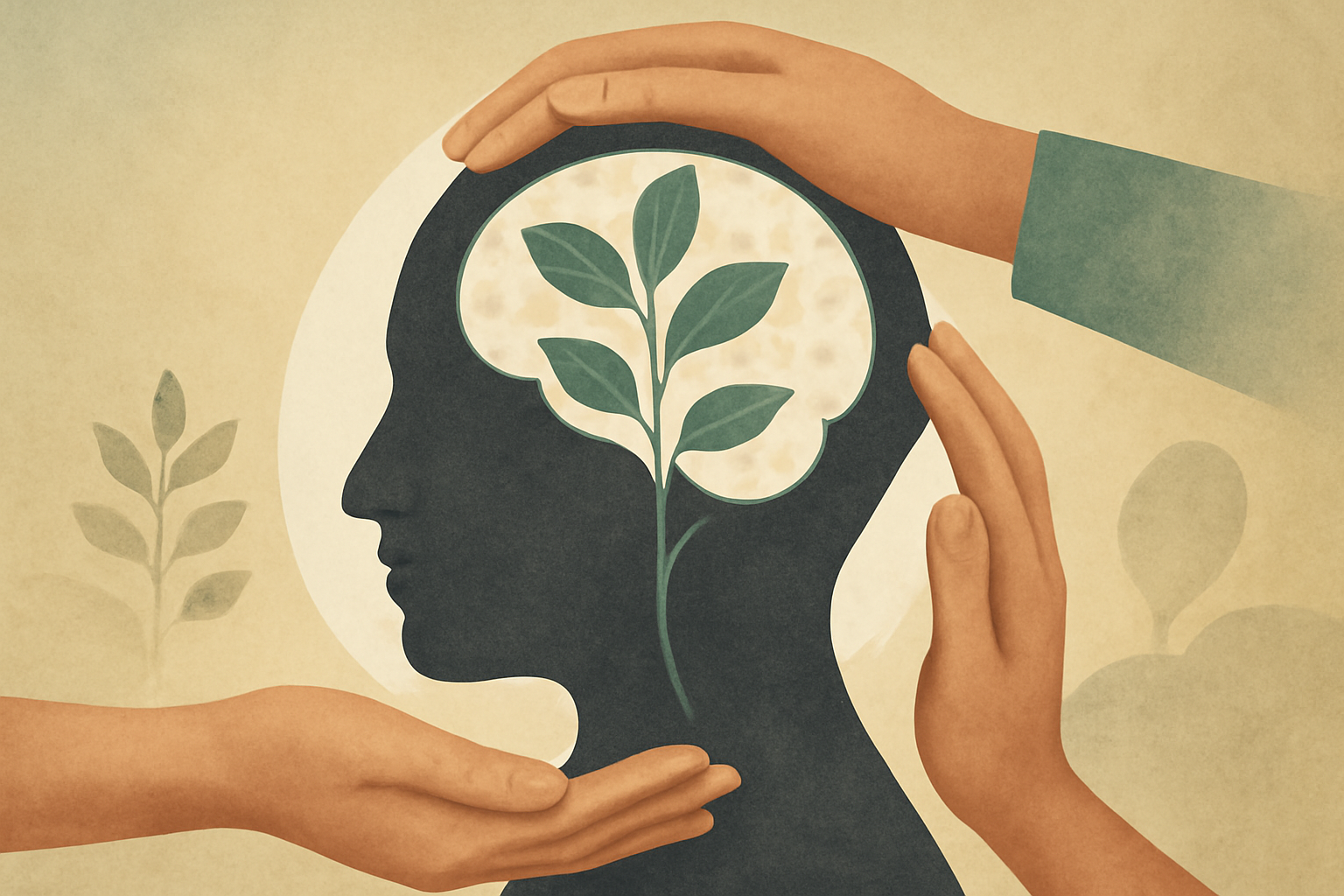 A compassionate therapist and client sit in a sunlit, cozy office discussing holistic mental health.