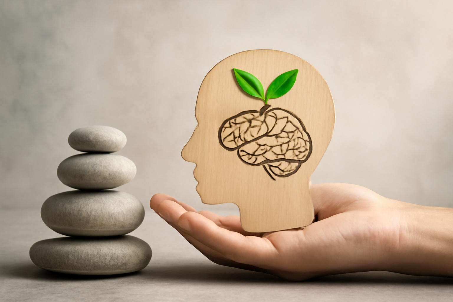 Calm desk scene with a meditating person, plants, and a notebook on holistic mental health.
