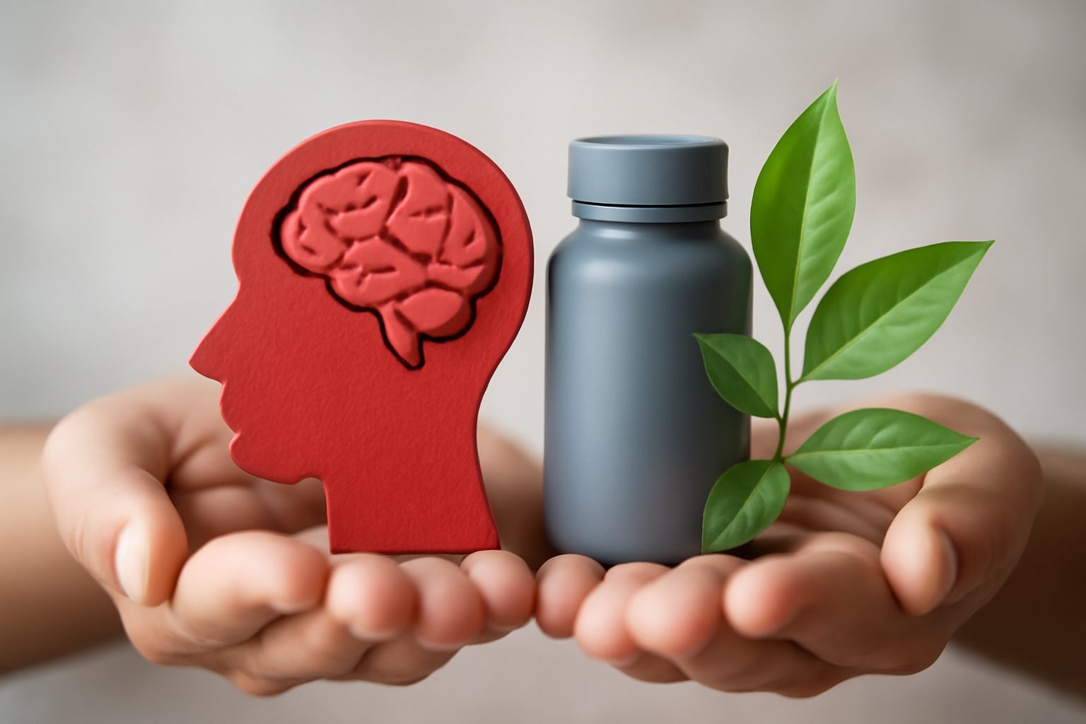 Person meditating beside pill bottle and plants; Holistic Care for Schizophrenia: Complementing Medication.