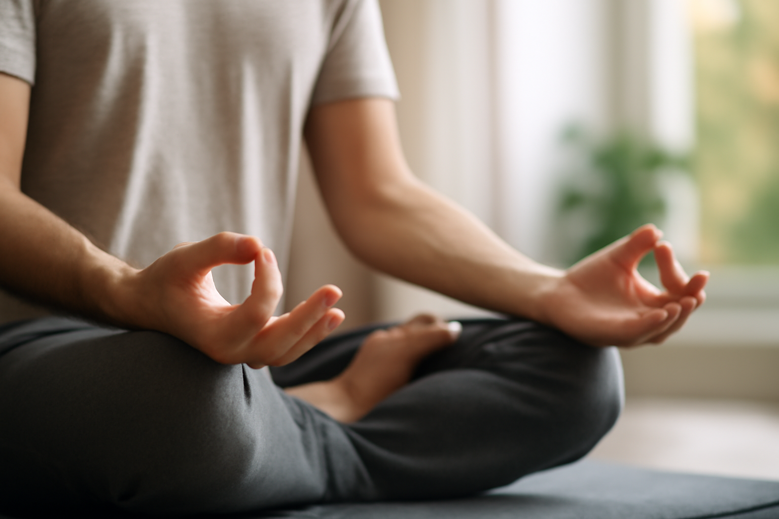 Person sits cross-legged on a mat with eyes closed in a calm room, beginners meditation guide.