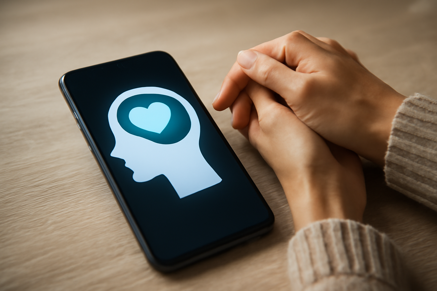 Person with phone at a calm desk; blog post: Social Media Mental Health Mindful Use Tips for Wellbeing.
