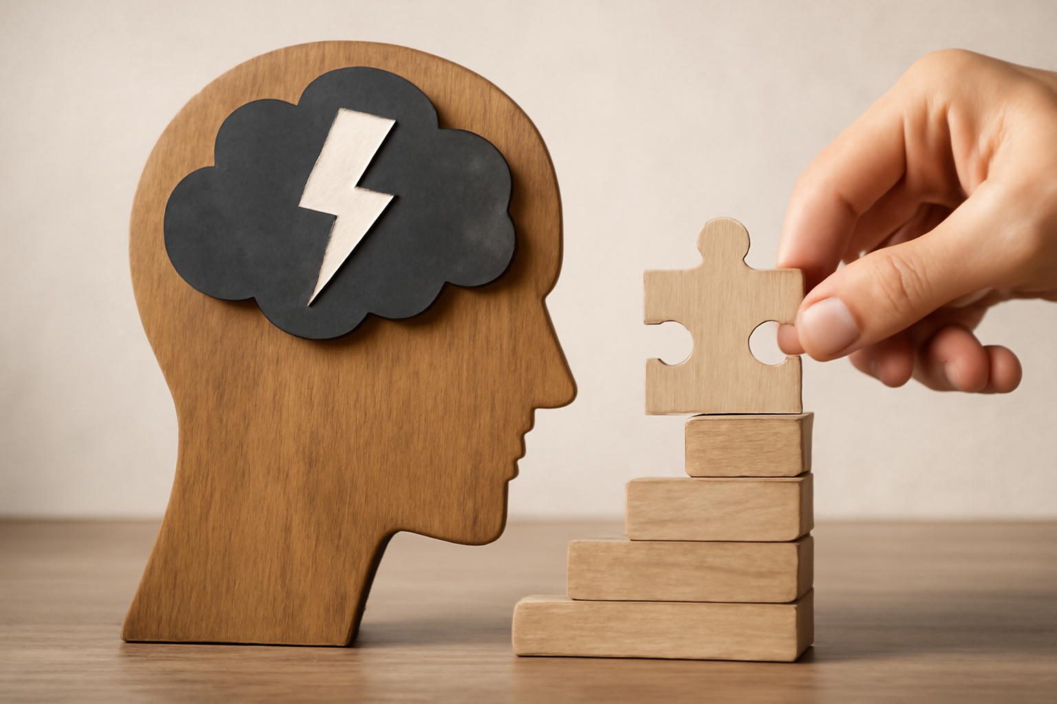 Person at a desk appears stressed, with icons for breathing, journaling, and taking breaks.