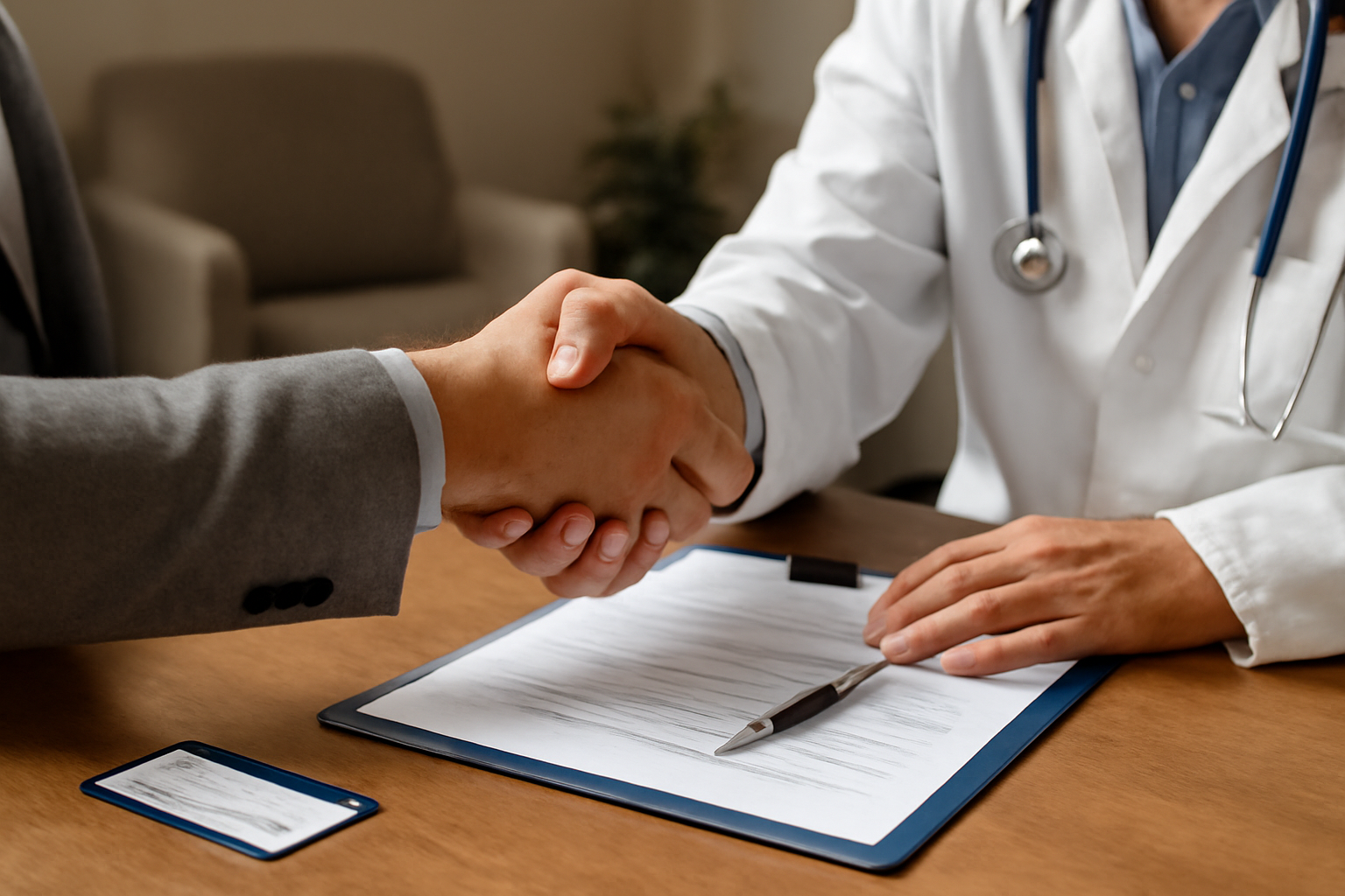 Clinician and patient review insurance acceptance steps at a desk, for a private practice blog post.