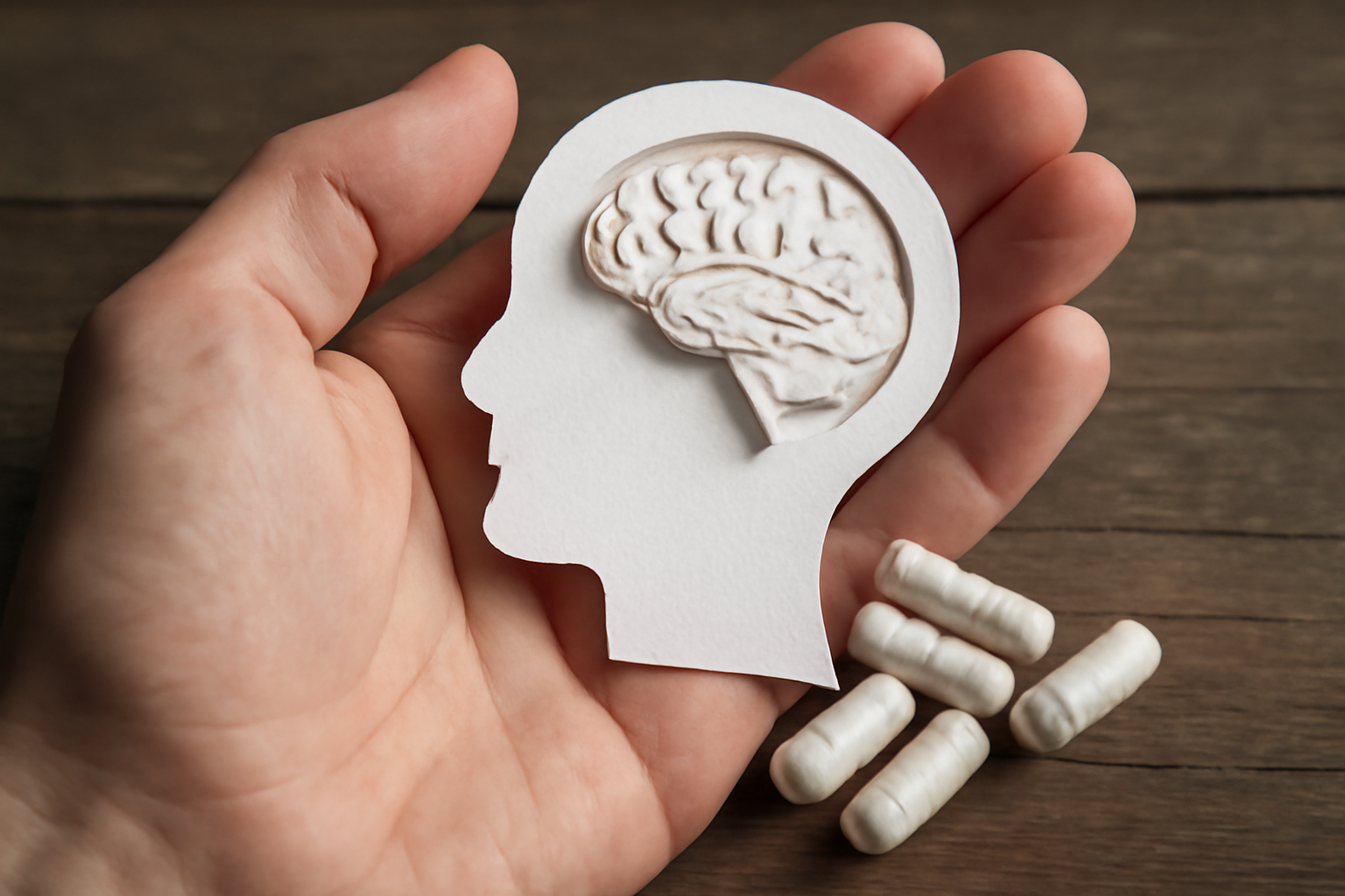 Person holding a bottle of 5-HTP capsules with a dosing guide for anxiety.