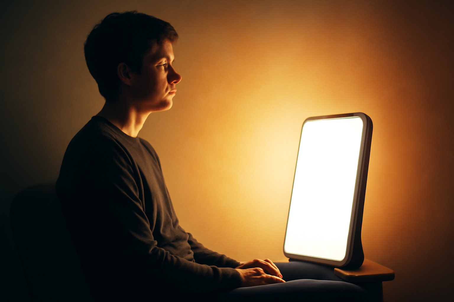 Person uses a bright light therapy lamp to boost mood, sleep and circadian rhythm.