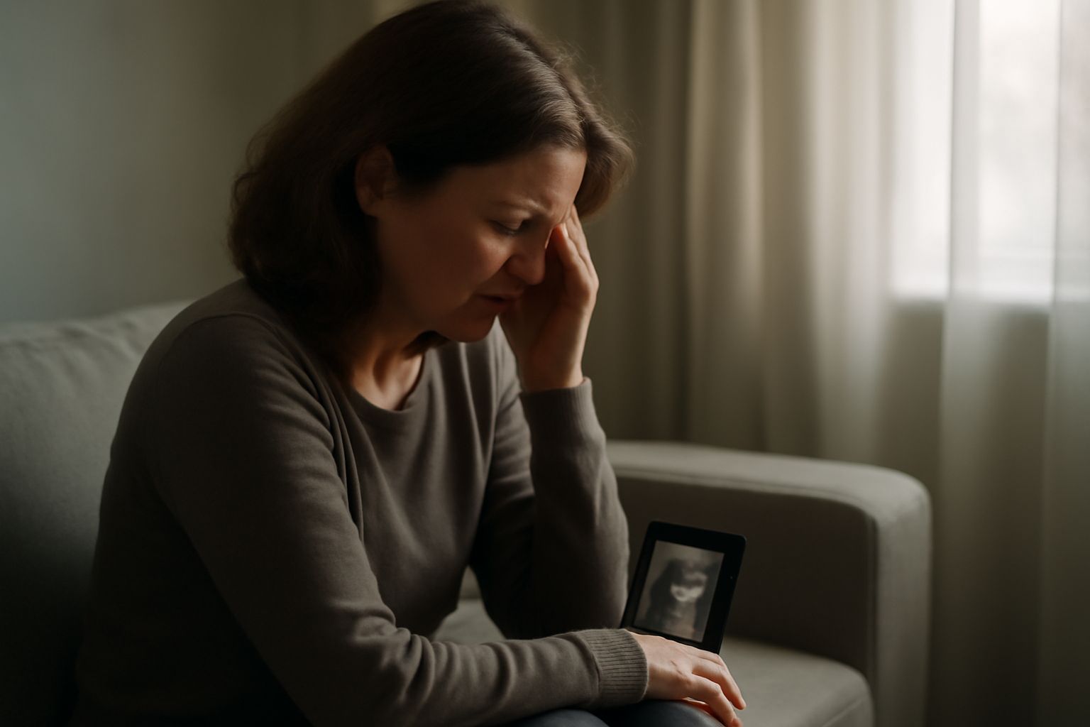 Person sits by a window, holding a faded photo; a calendar marks years, grief resurfacing after loss.