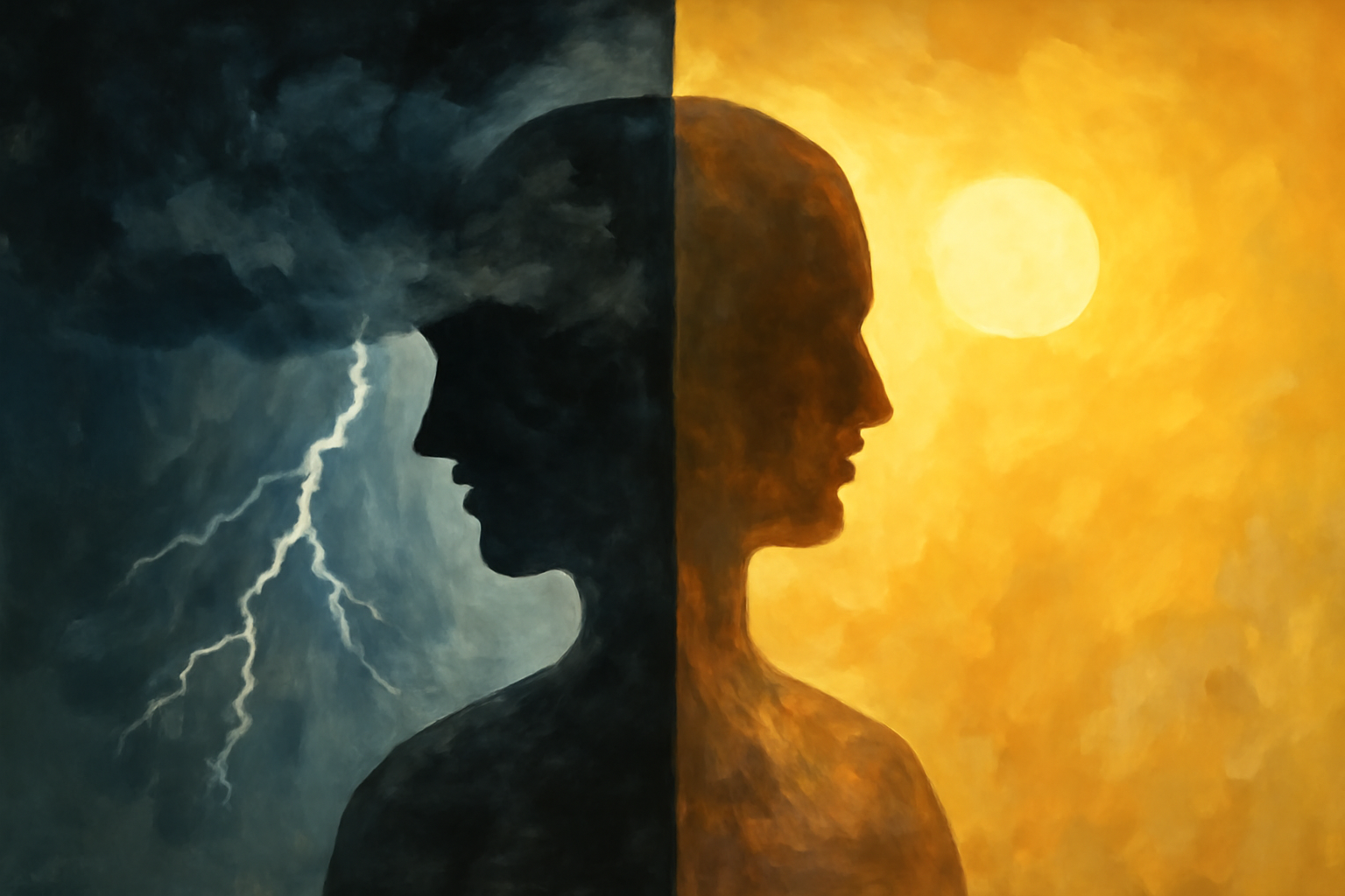 Person sits before a red-blue backdrop, illustrating manic and depressive moods in bipolar depression.