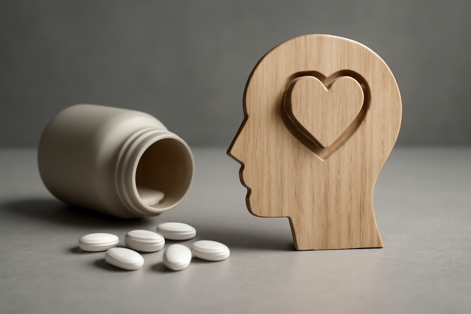 Person meditating with pill bottle beside notebook for beta blockers for mental health and anxiety.