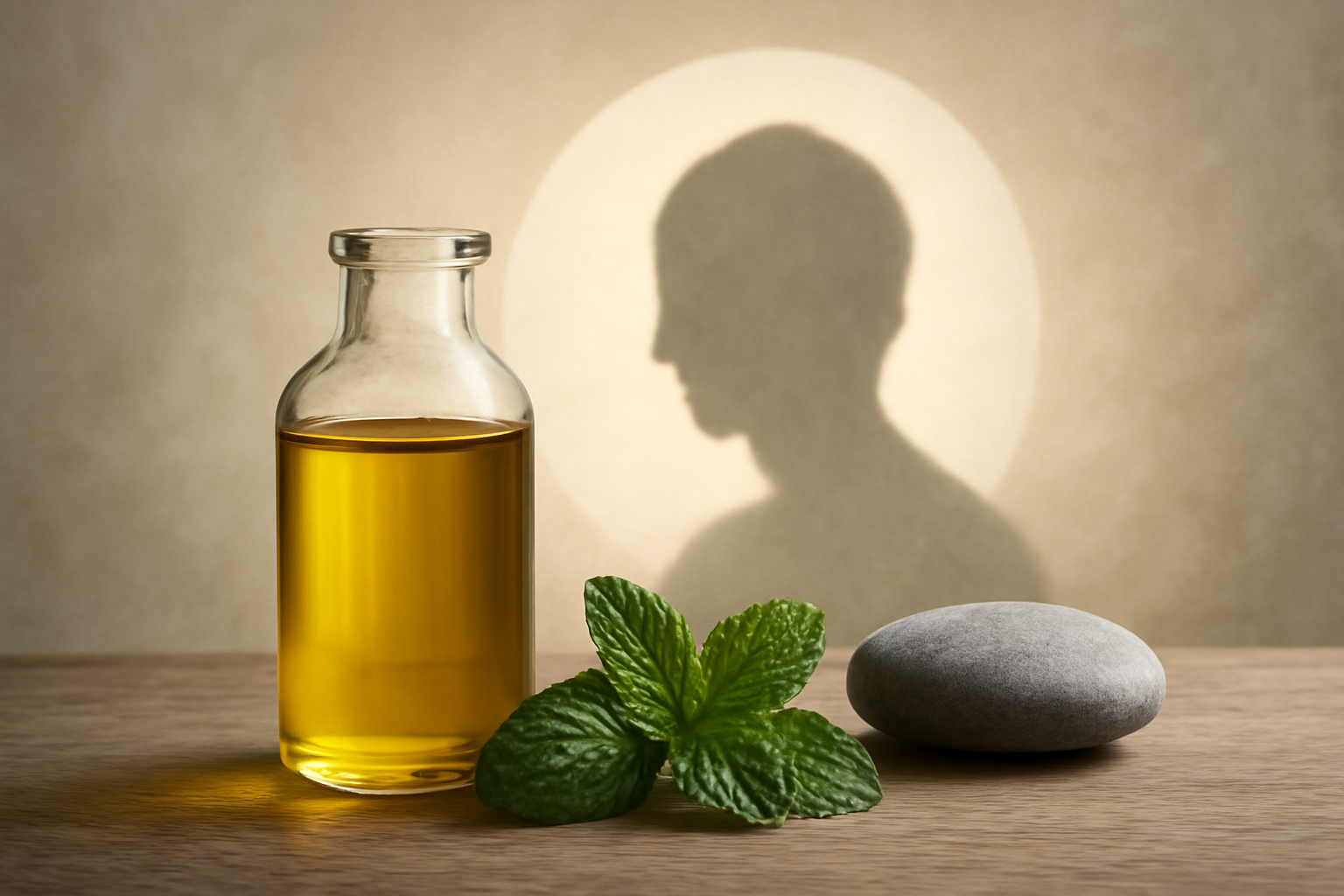 Calm person practicing breathing by a plant, pointing to natural anxiety treatment options.