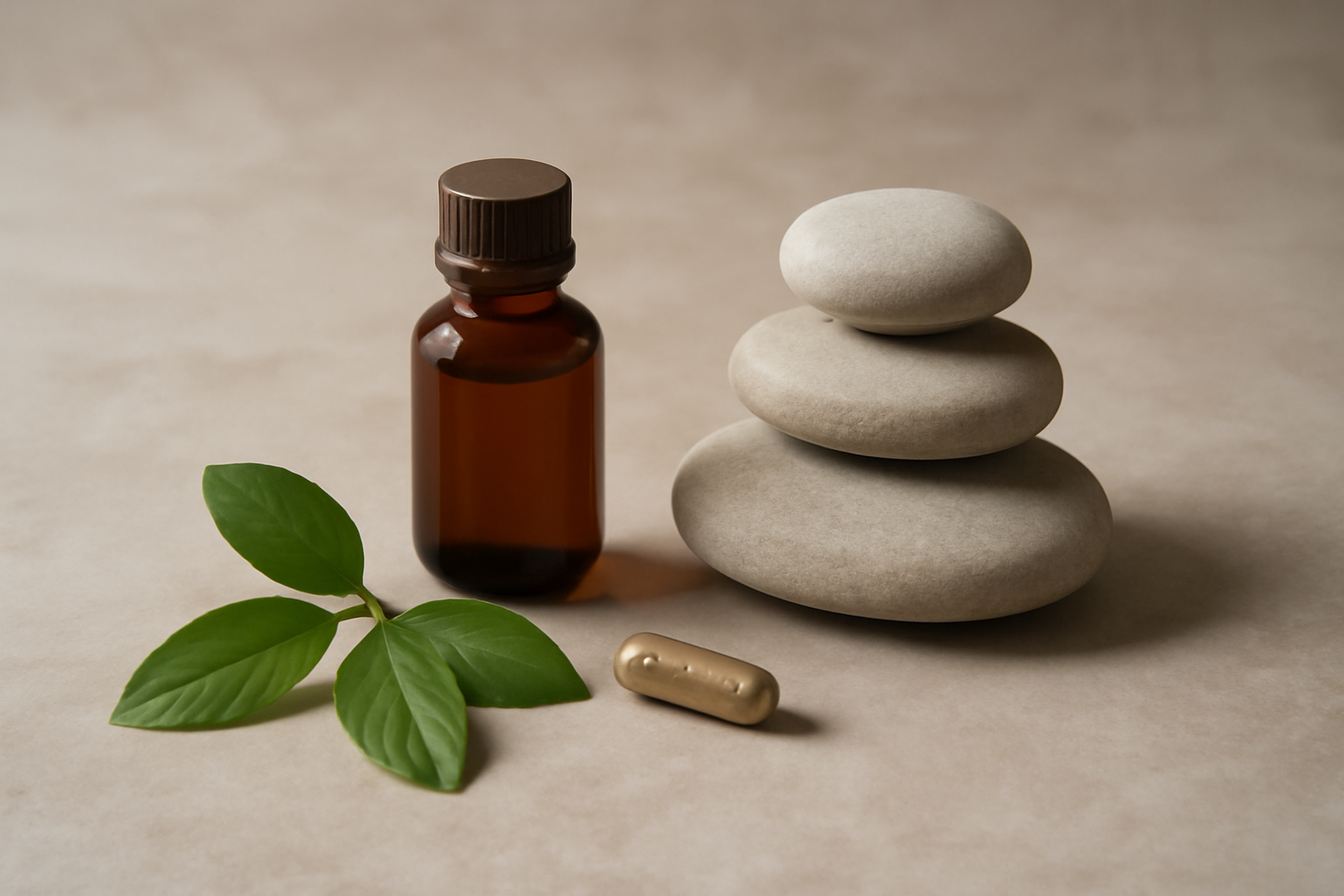 Person meditating outdoors beside a book titled Natural anxiety treatment options, evidence-based guide.