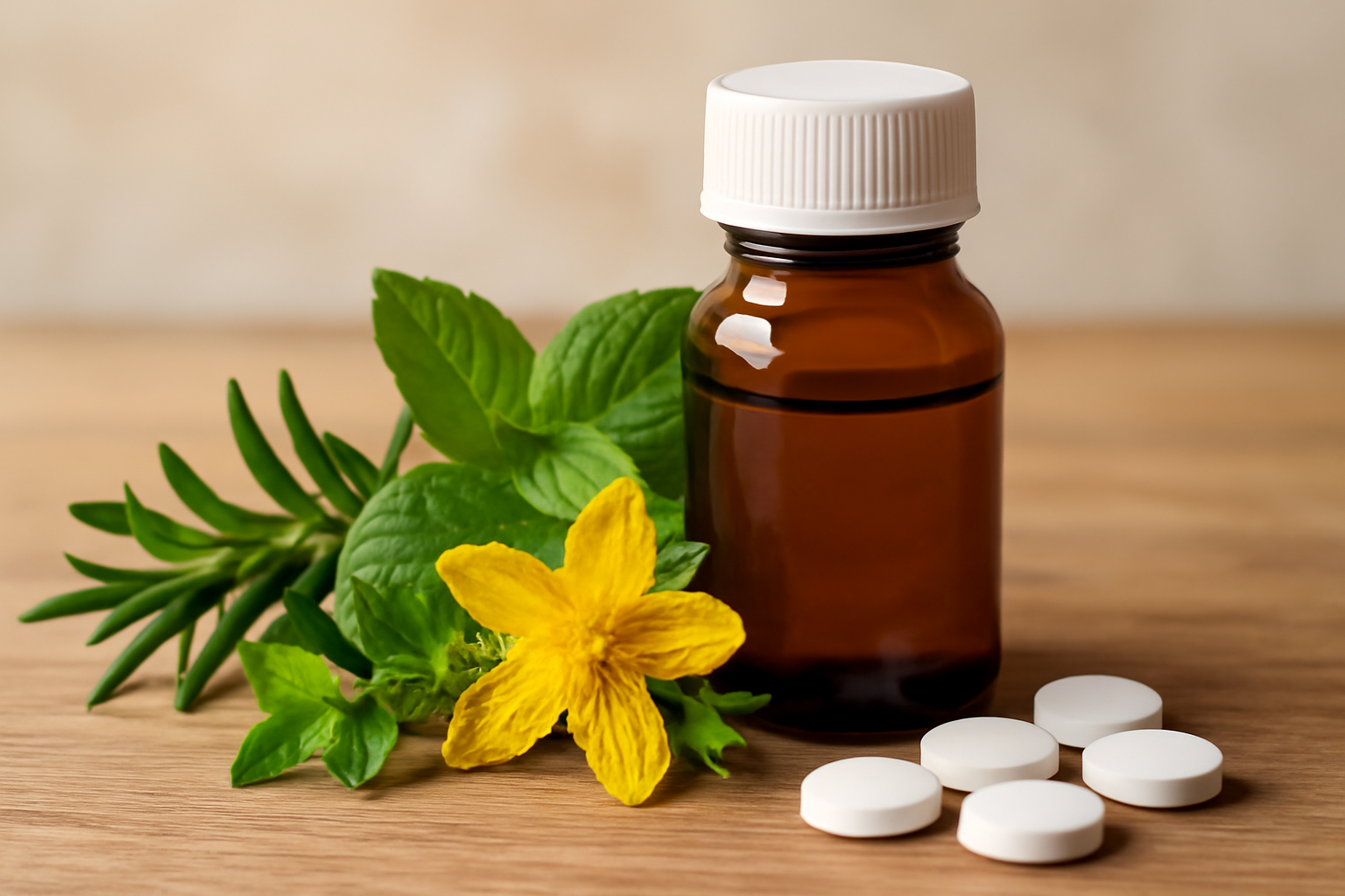 Calm person with herbal tea beside a pill bottle and notes about natural remedies for bipolar depression.