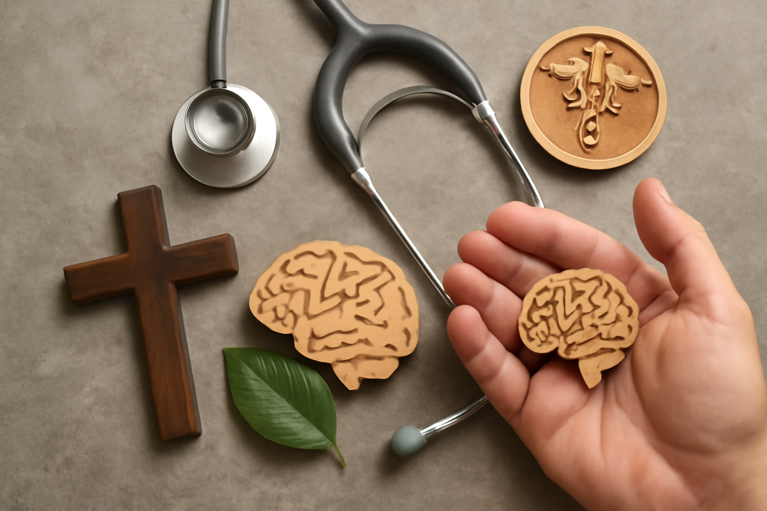 Doctor on laptop with brain and herbal icons; Evidence-based approaches for psychiatric treatment.