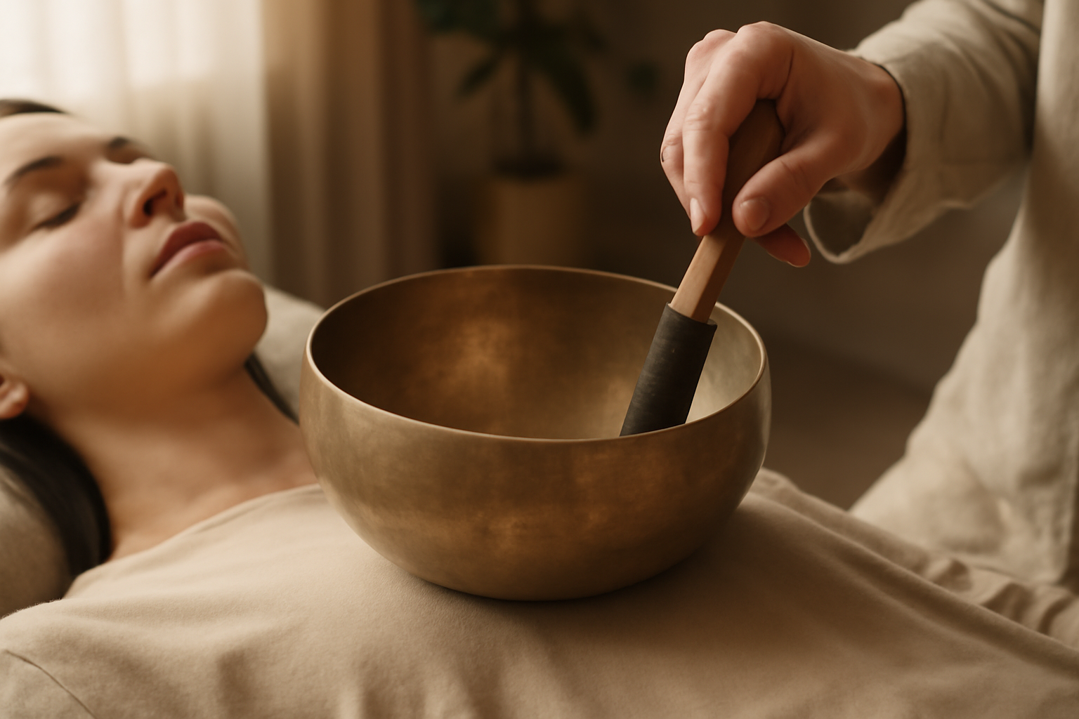Calm scene with singing bowls, candles, and a person meditating for relaxation and wellbeing.