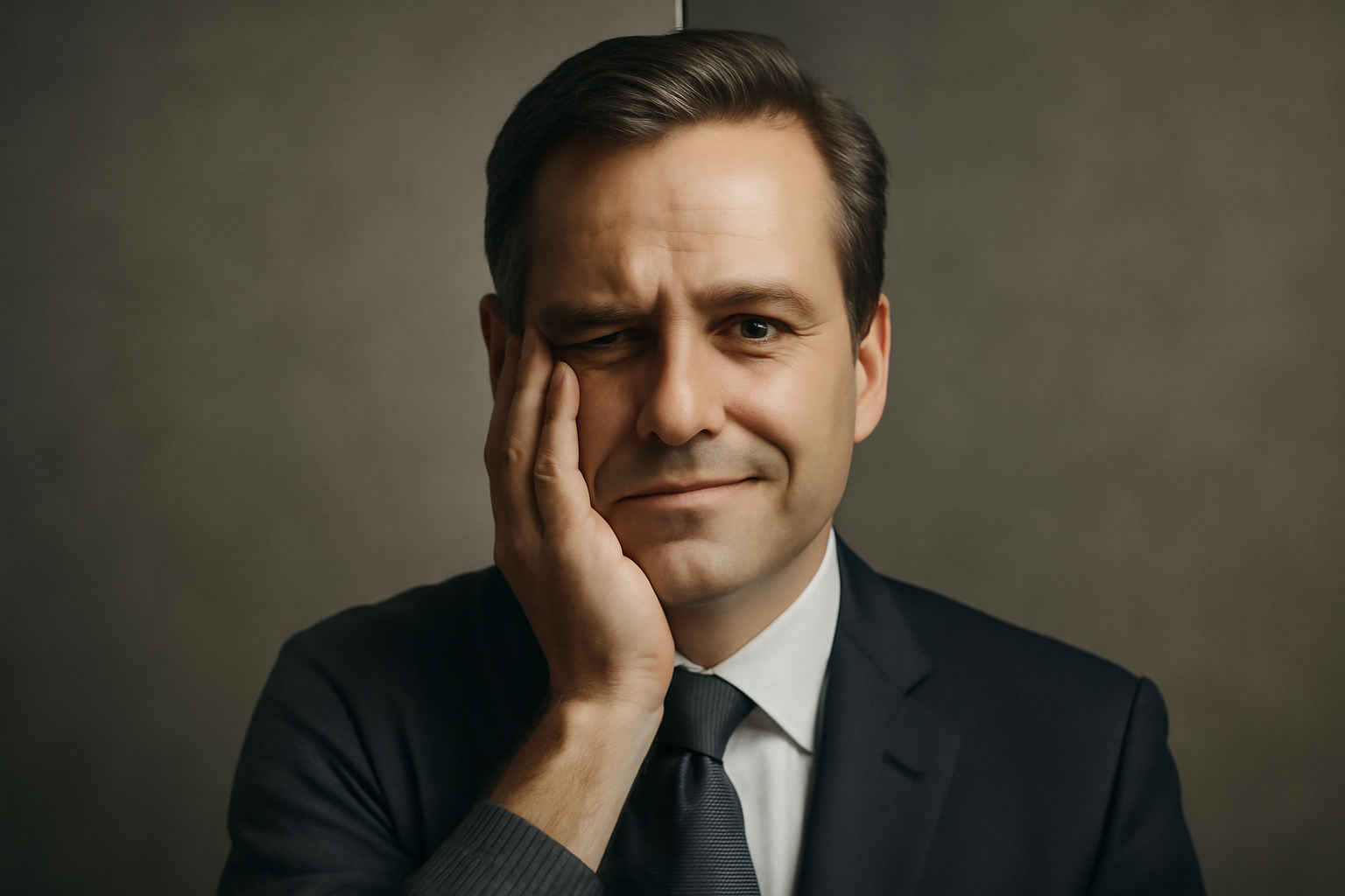 Suited professional with hidden sadness in an office; article on recognizing depression and seeking help.