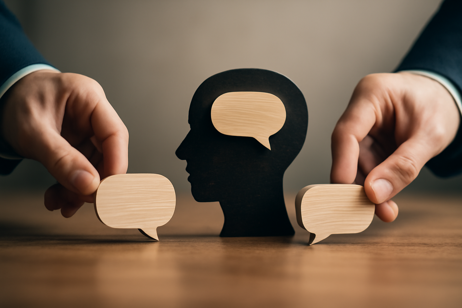 Person speaks to a small audience with confident gestures; blog post on clear, confident communication.