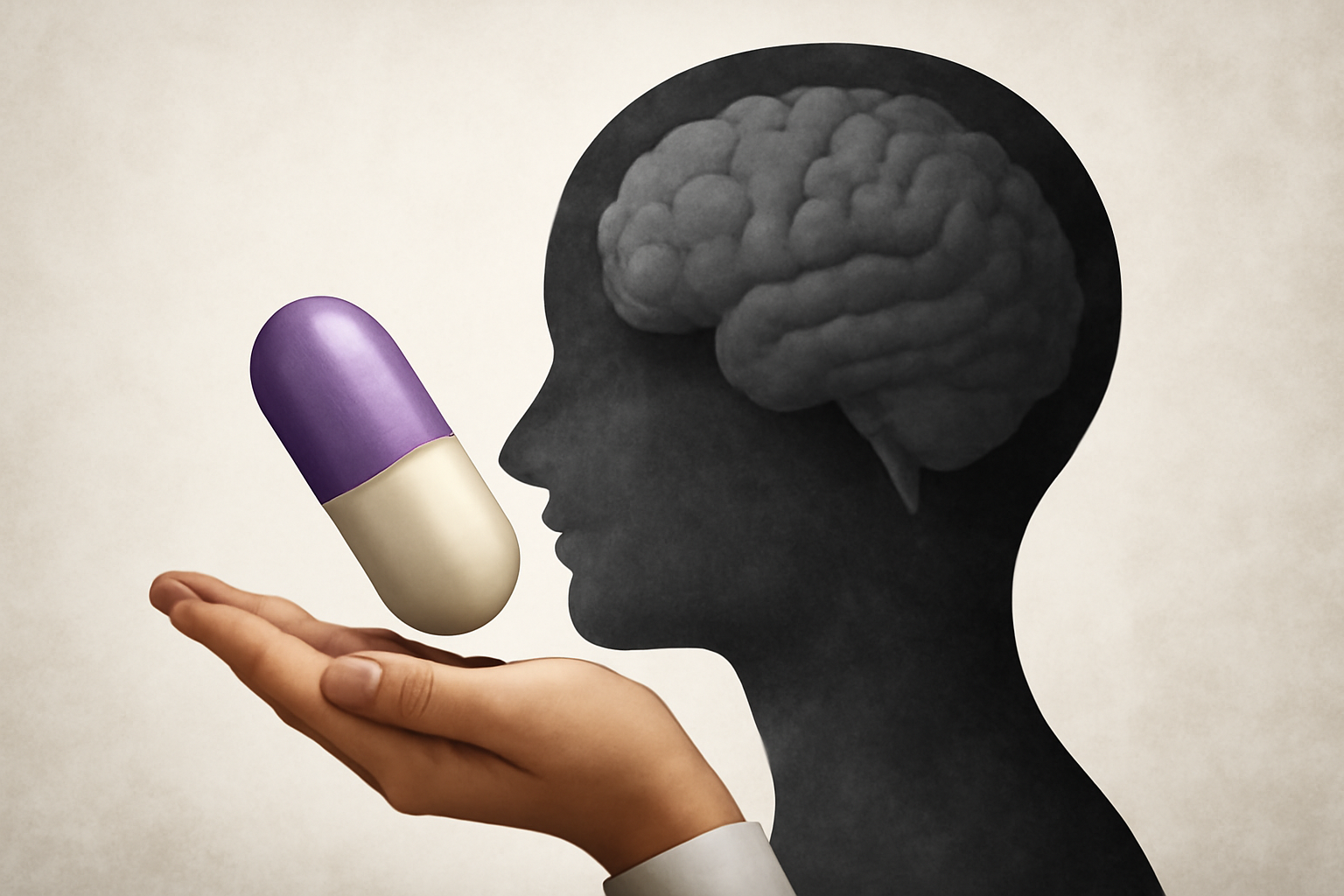 Pill bottle of olanzapine next to a medical guide page about schizophrenia and bipolar disorder.