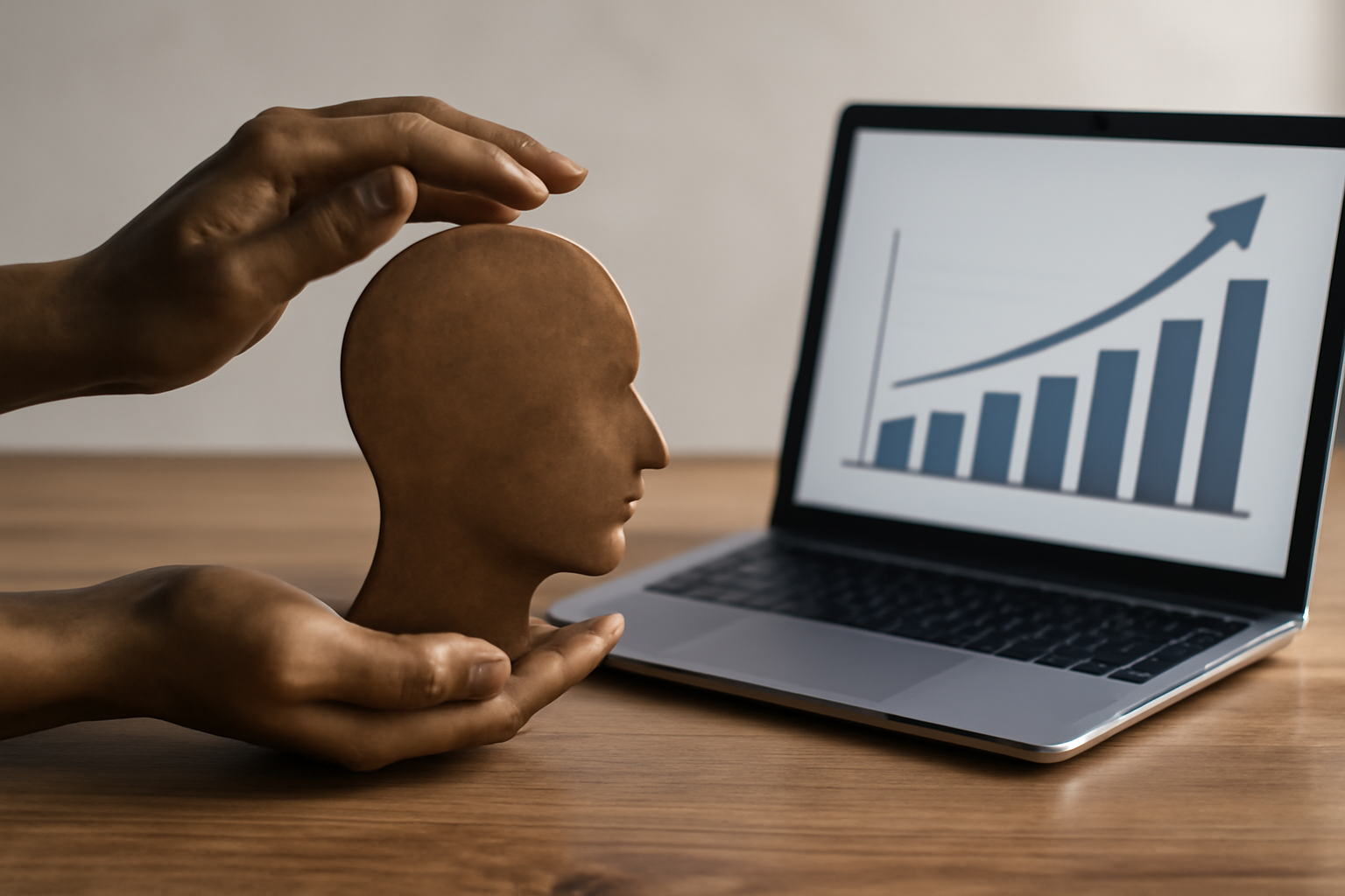 Therapist reviews software dashboard on laptop with charts and patient notes for efficient psychotherapy care.