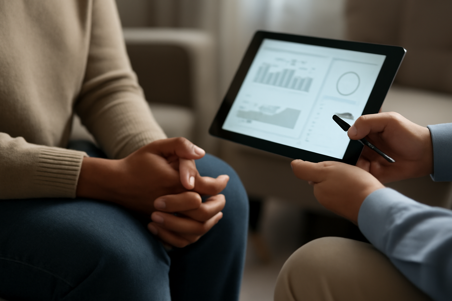 Desk with a laptop displaying charts beside the title Therapy Practice Management Software Buyer Guide for Better Patient Care.