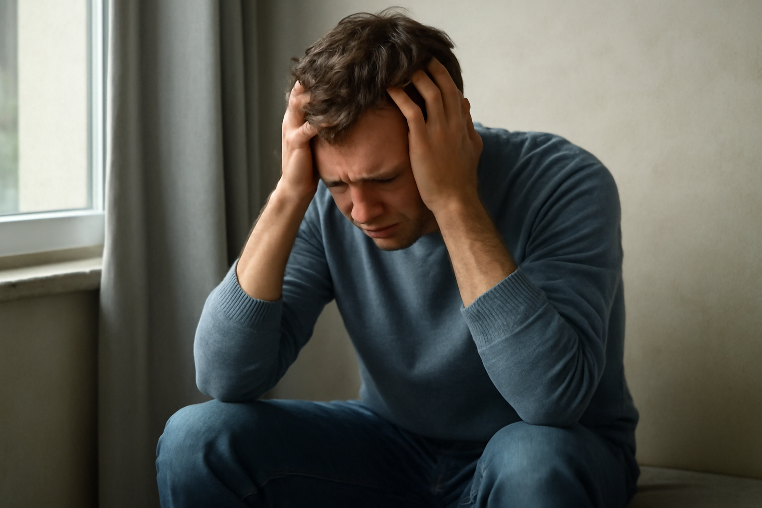 Person sits with thoughtful expression, reading about depression signs, onset, and how to get help.