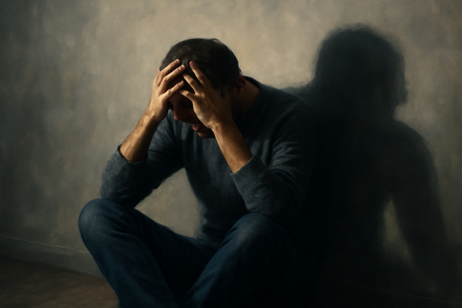 Person with head in hands, stressed; blog post title 'Stress Depression Signs and How to Seek Help'.