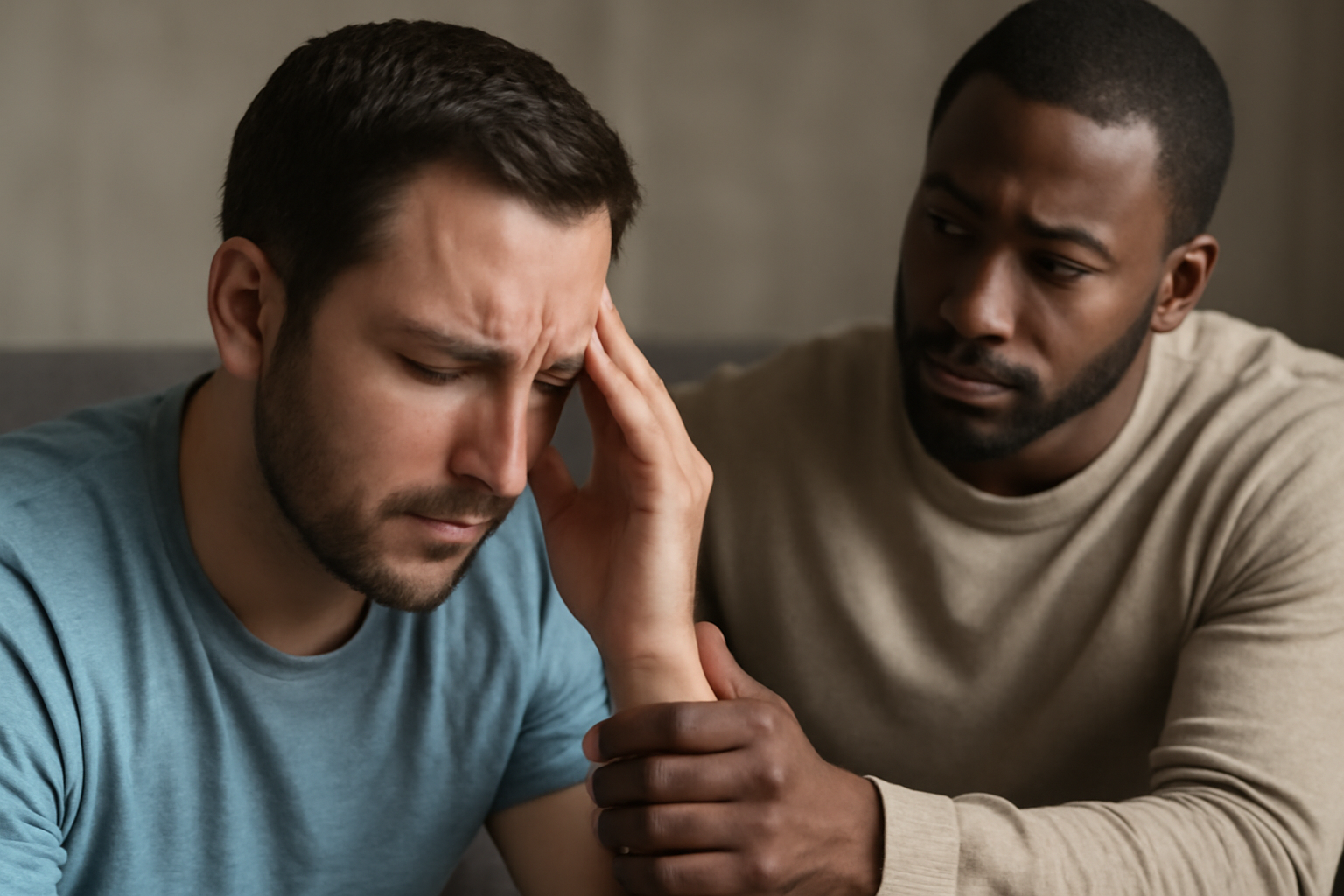 Men in a supportive group discuss mental health, empowering men; How to Support and Empower Men.