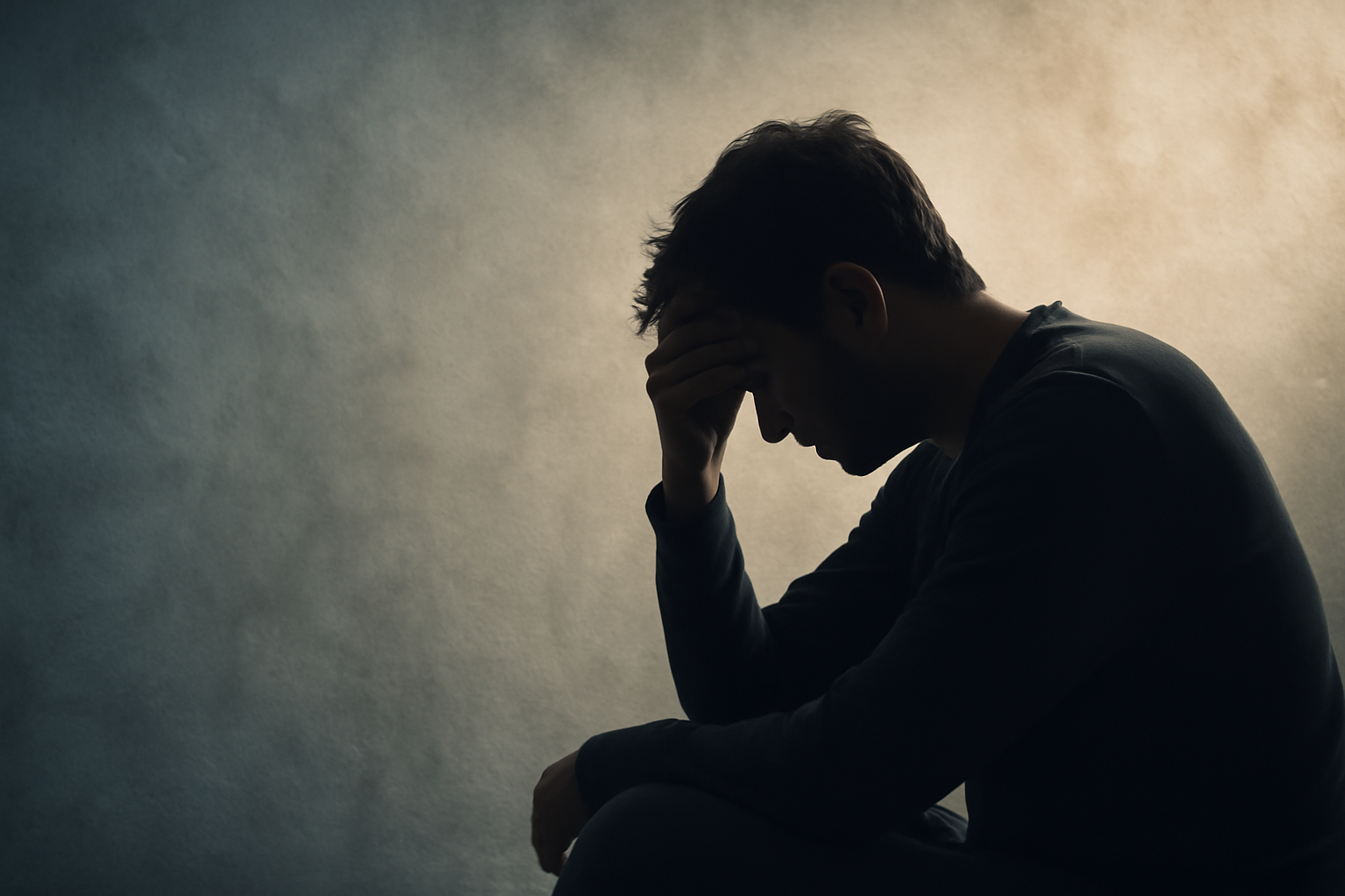 Person sits with head bowed in a dim room, depression; article covers what it is and how to get help.