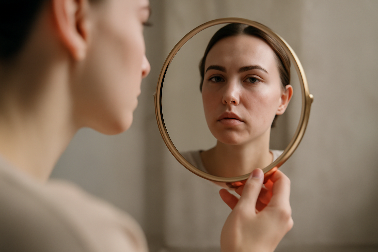 Person stares at mirror reflection as therapist guides CBT/ERP for body dysmorphic disorder.