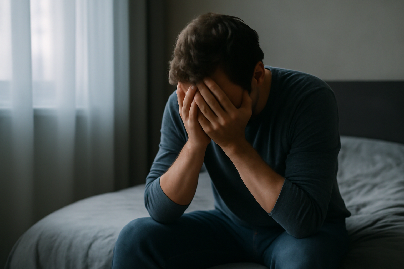 A person sits with head in hands in a dim room, matching Extreme Depression Signs and Symptoms Guide.