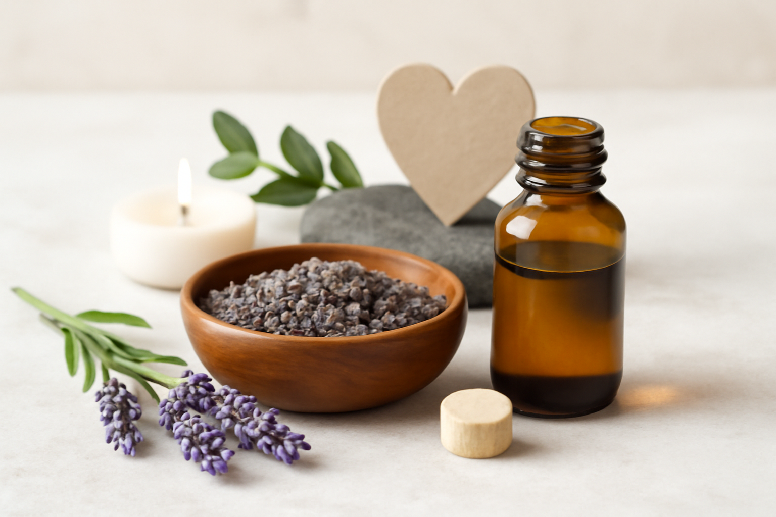 Calm person meditating beside herbs and tea, illustrating natural remedies for anxiety, sleep, mood.