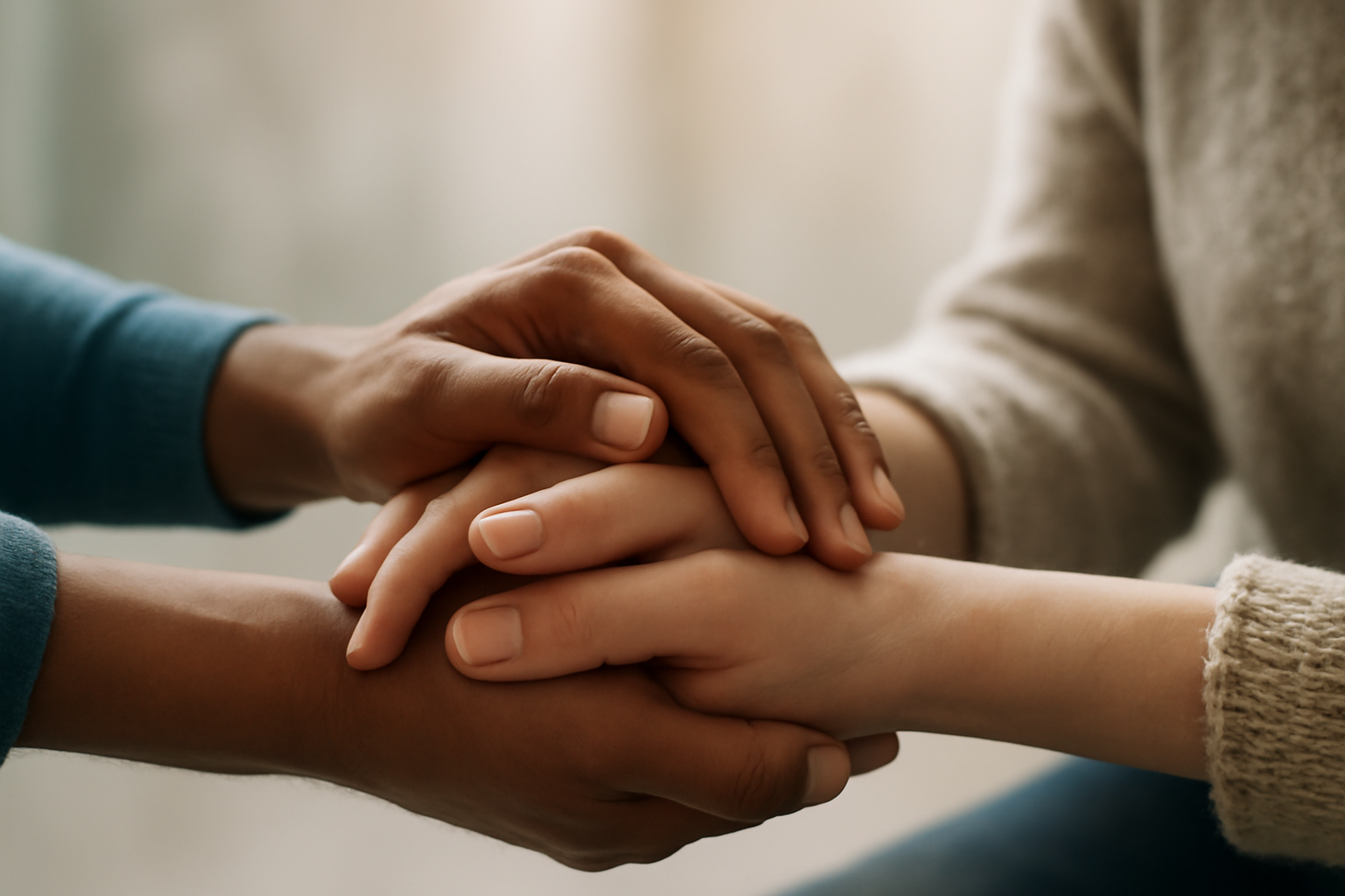 Crisis counselor listens to distressed person in a quiet room, offering support and resources.