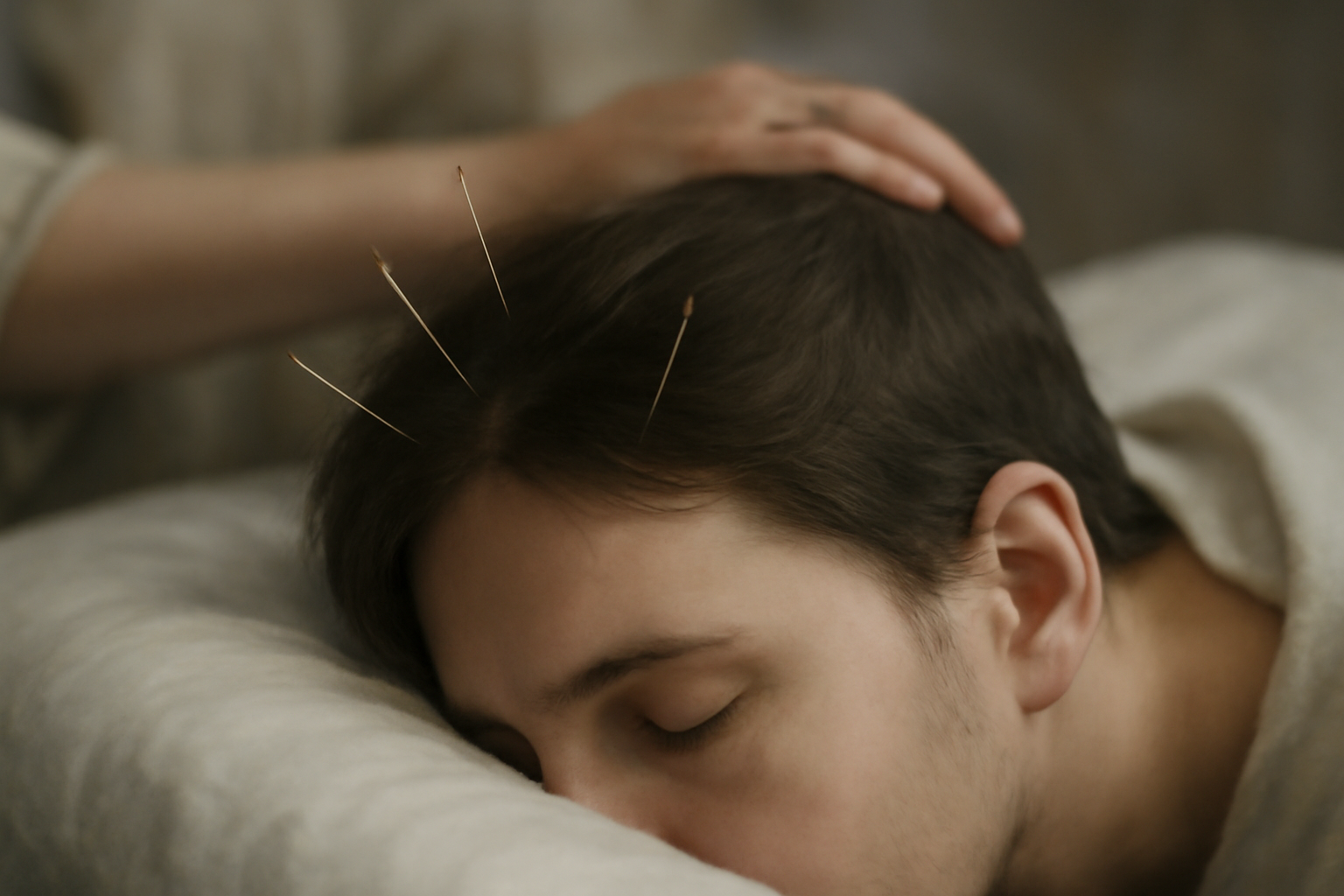 Person lying on a table receiving acupuncture needles for mood disorders, depression and anxiety.