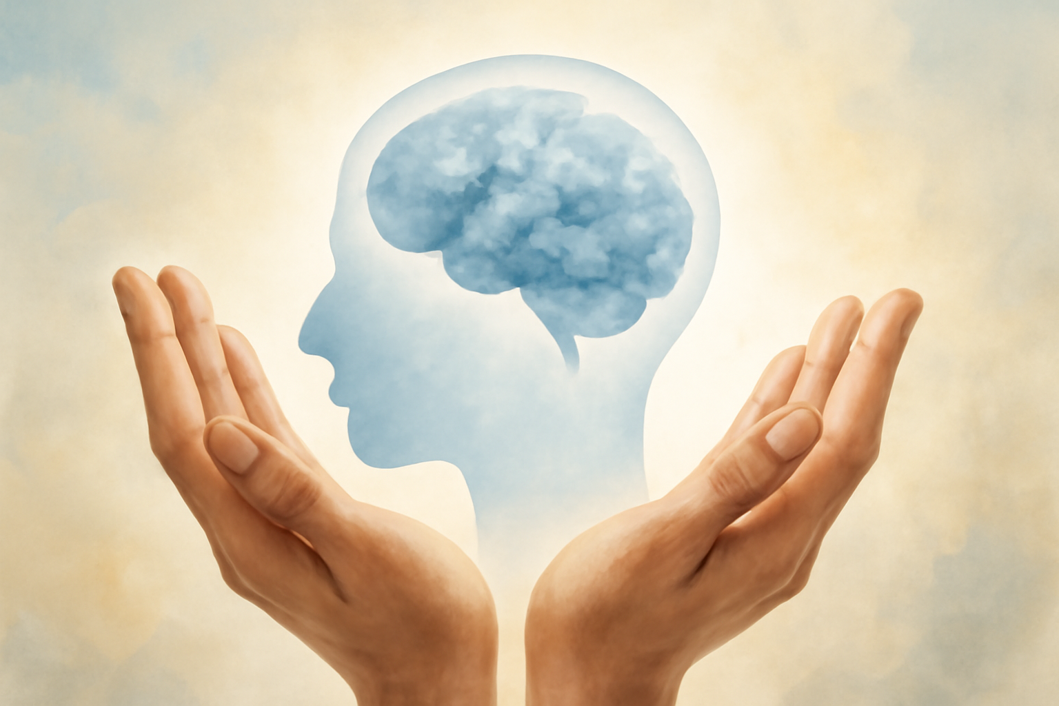 Person meditating with plant and brain icon for Guide to Complementary Mental Health Interventions.