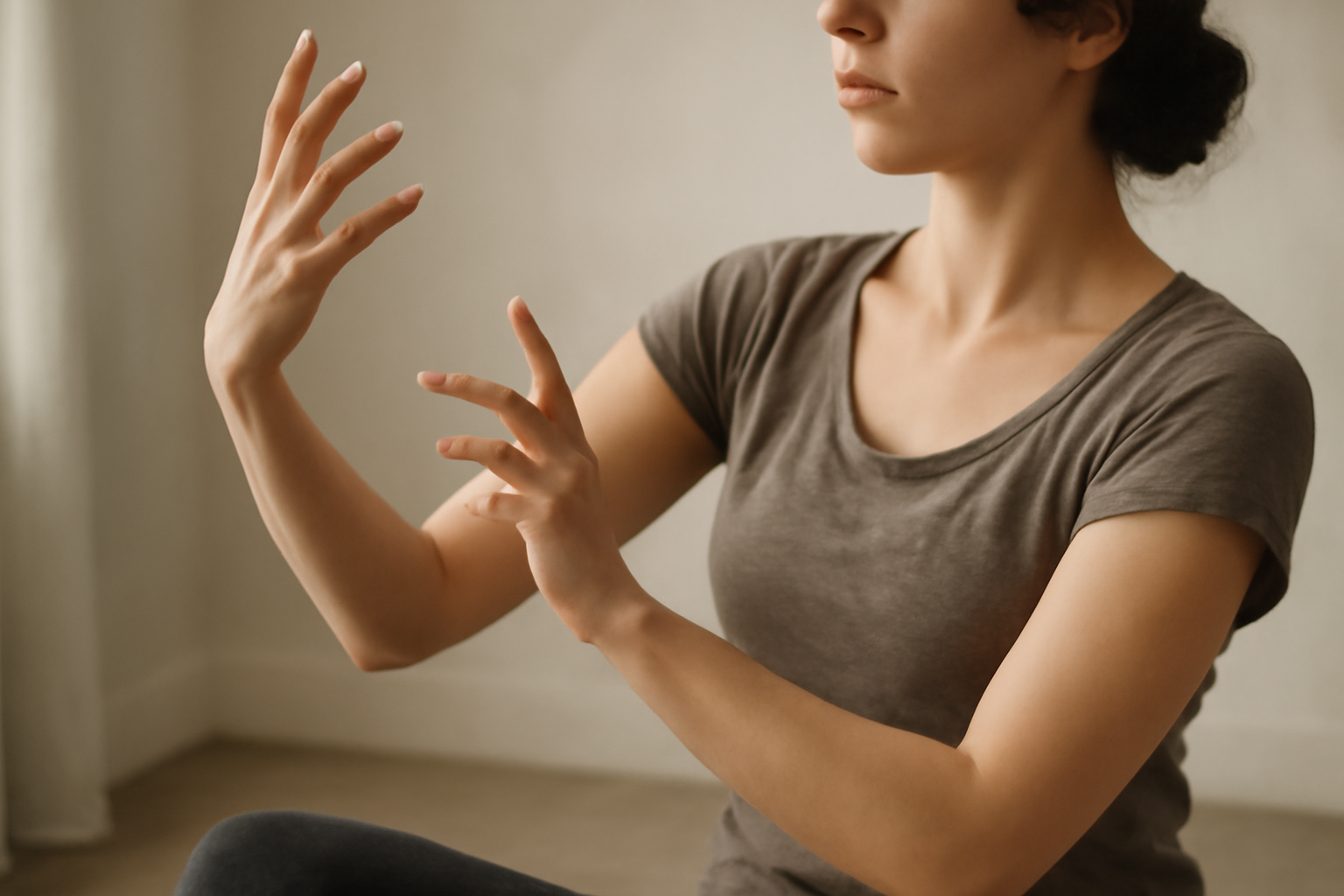 Movement Therapy for Mind Body Healing and Regulation: person doing slow movement in a calm studio.