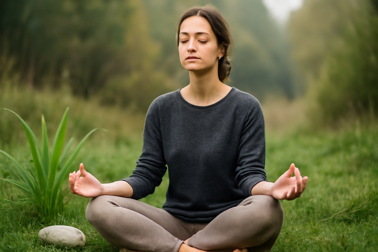 Calm scene with someone meditating among nature, promoting mindful, natural anxiety relief.