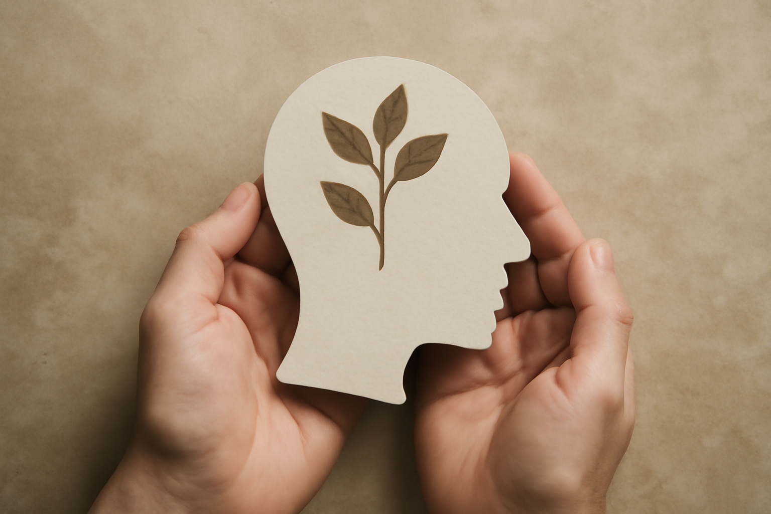 Person meditating beside a journal and plant, illustrating coping mechanisms for depression.