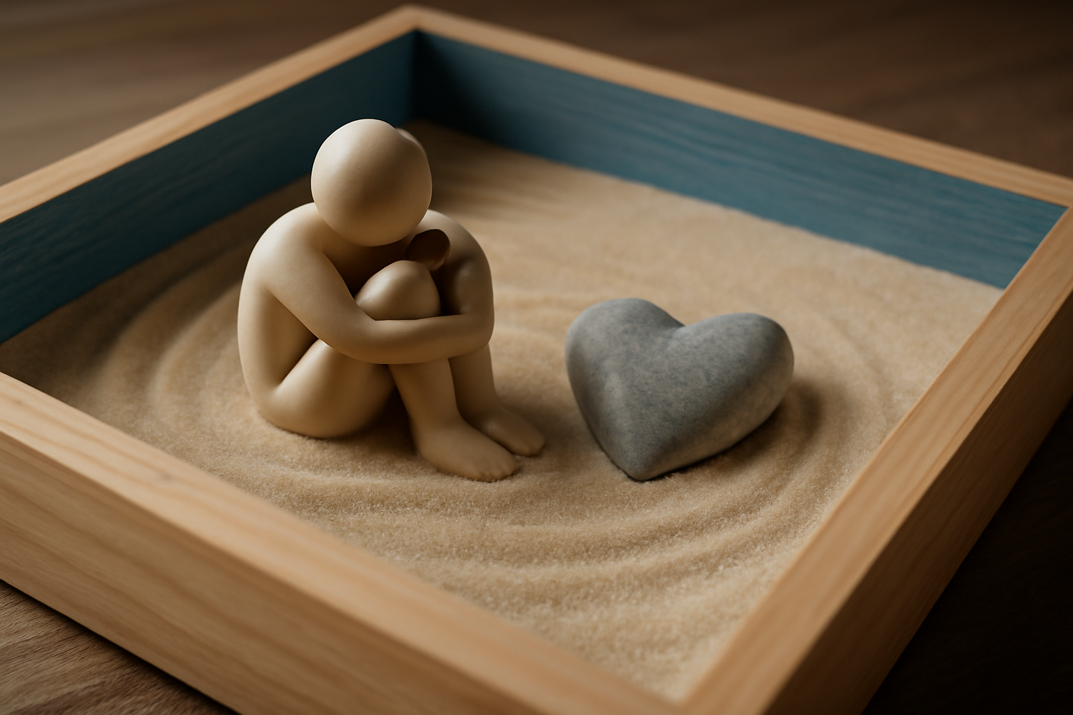Sand tray with miniature figures and symbols depicting trauma and emotional regulation.