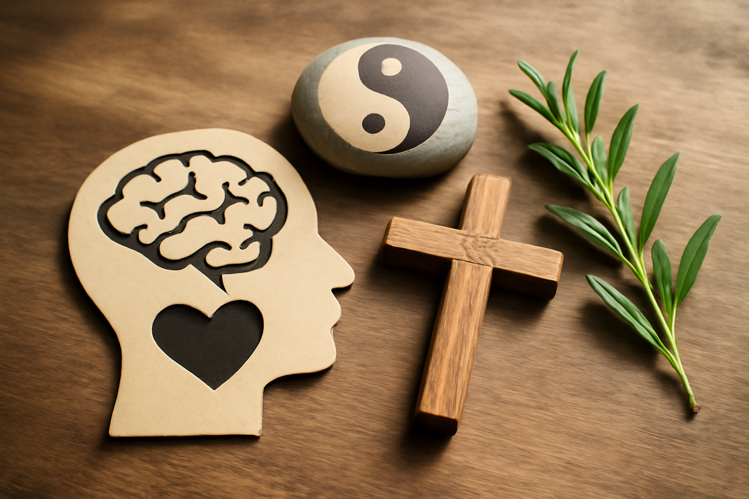 Person meditating with brain, heart, and mood icons for better mood and integrative wellbeing.